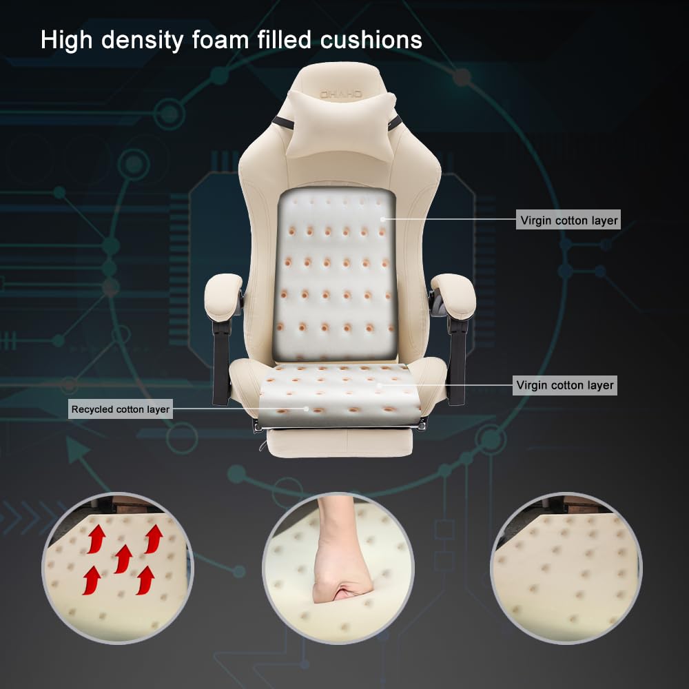 OHAHO Ergonomic Gaming Chair with Adjustable Lumbar Support & Footrest - 360° Swivel Height Adjustable Office Computer Chair with Headrest for PC Gamers & Home Office Workers (Beige) - Perfect for Long Gaming Sessions & Remote Work Comfort