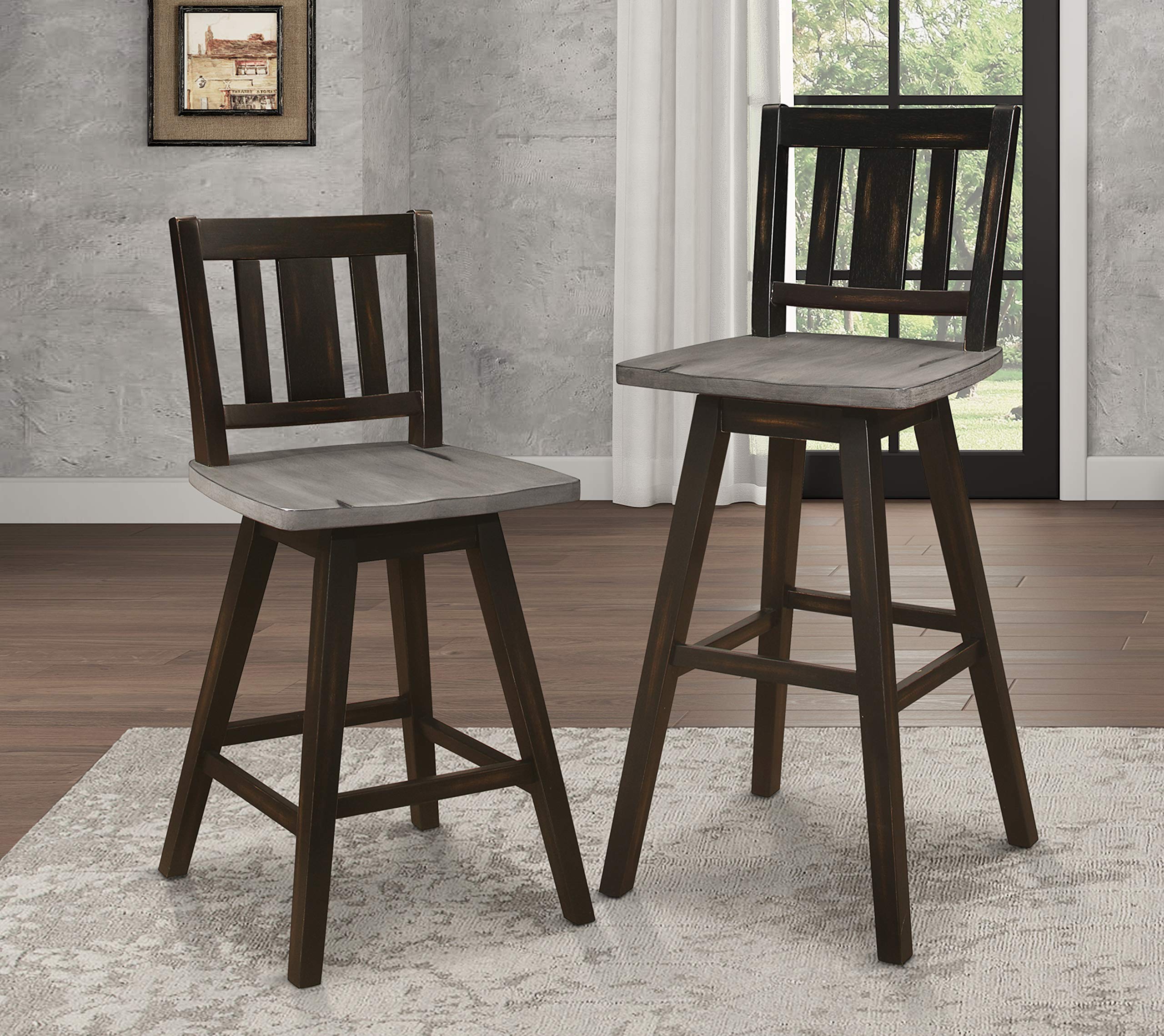 Modern Swivel Counter Height Bar Stools Set of 2 - Solid Wood Kitchen Island Stools with High Back, Footrest & Vertical Slat Design - 24