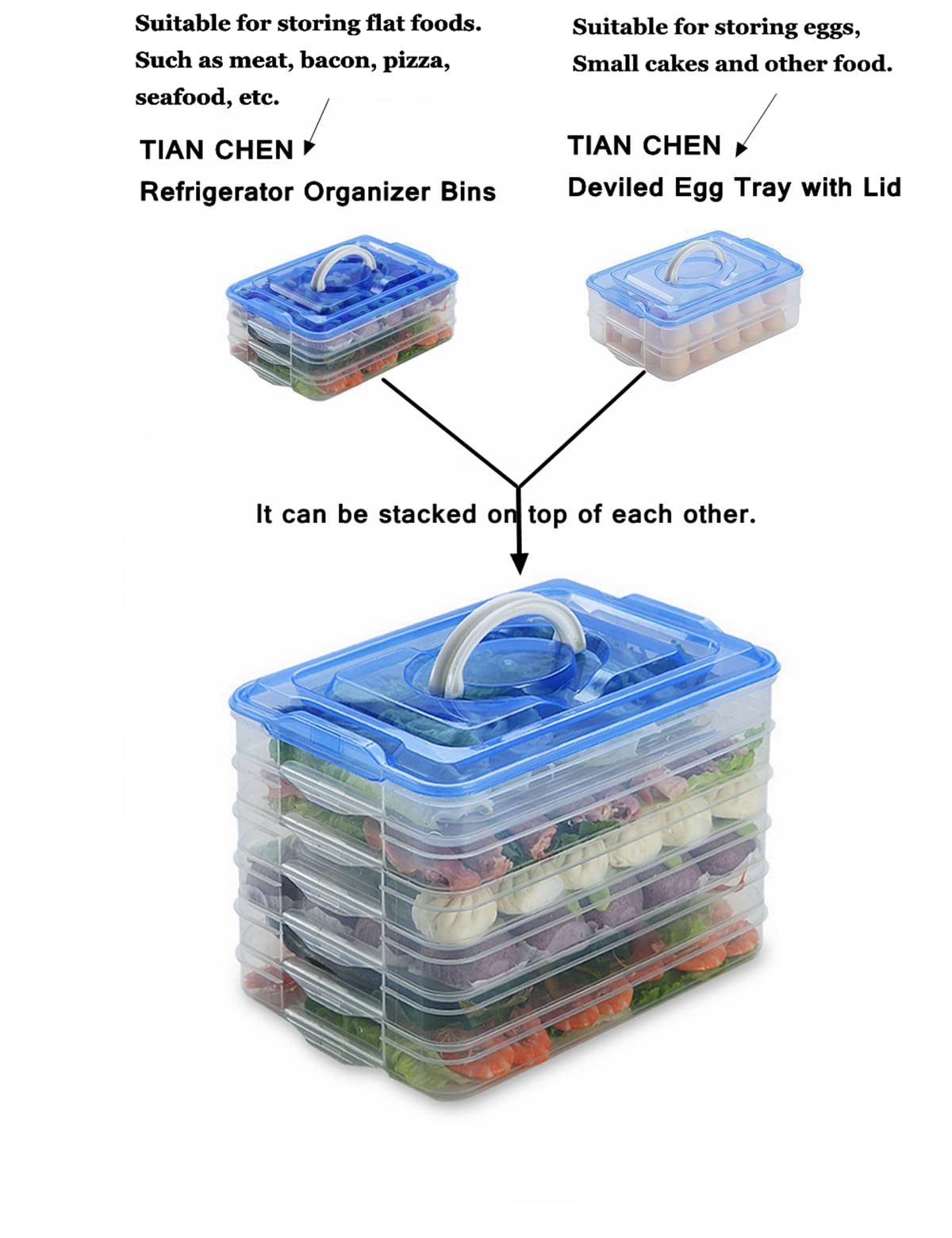 2-Layer Deviled Egg Tray with Lid - Large 40-Egg Food Storage Container with Handle - Refrigerator Egg Holder for Parties, Picnics & Holiday Meals (Blue)