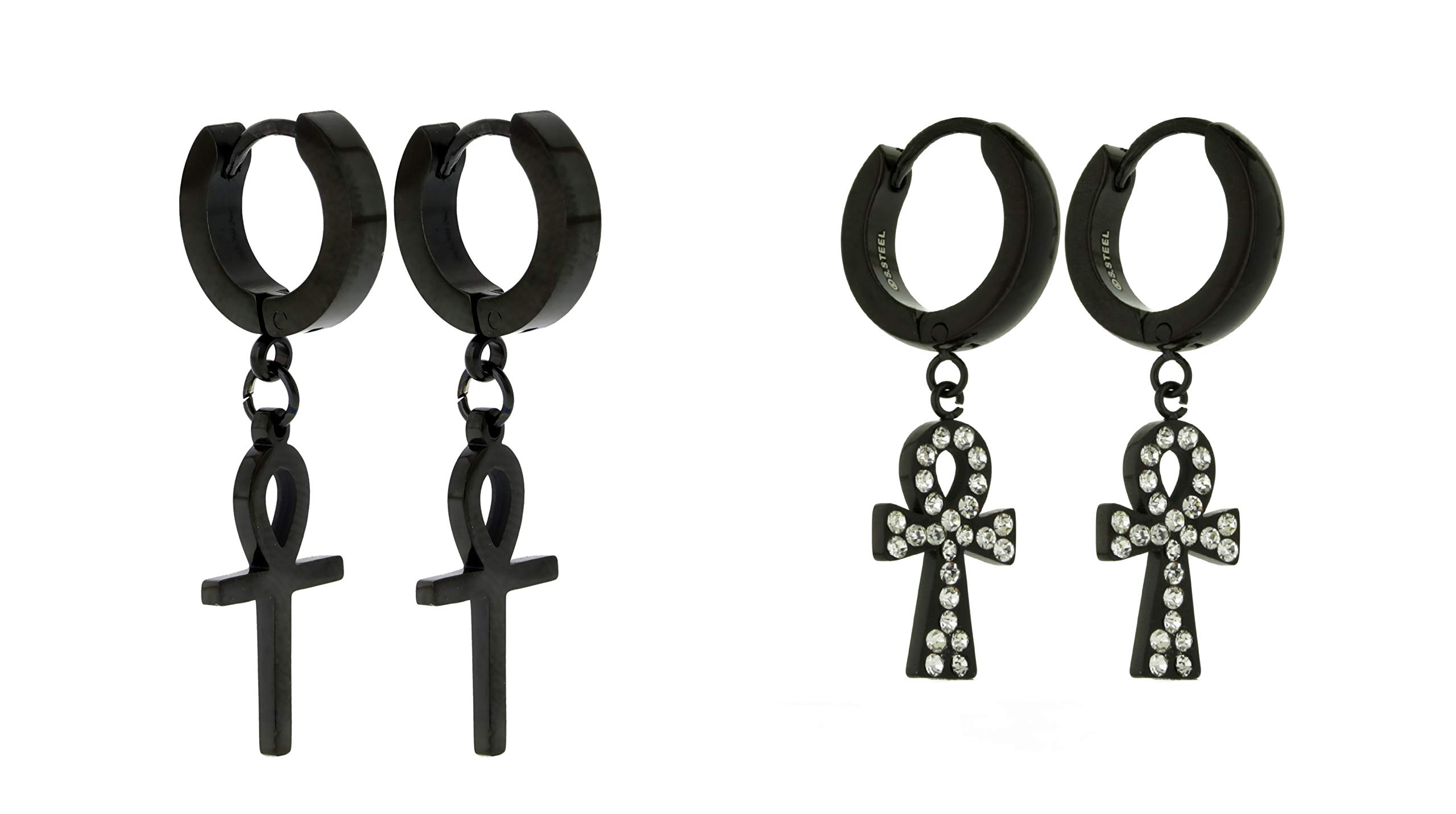 2 Pairs Unisex Stainless Steel Ankh Cross Hoop Earrings - CZ Egyptian Drop Dangle Hinged Earrings for Women & Men (Silver, Gold, Black) | Perfect for Boho Fashion, Costume Parties & Spiritual Jewelry Collection