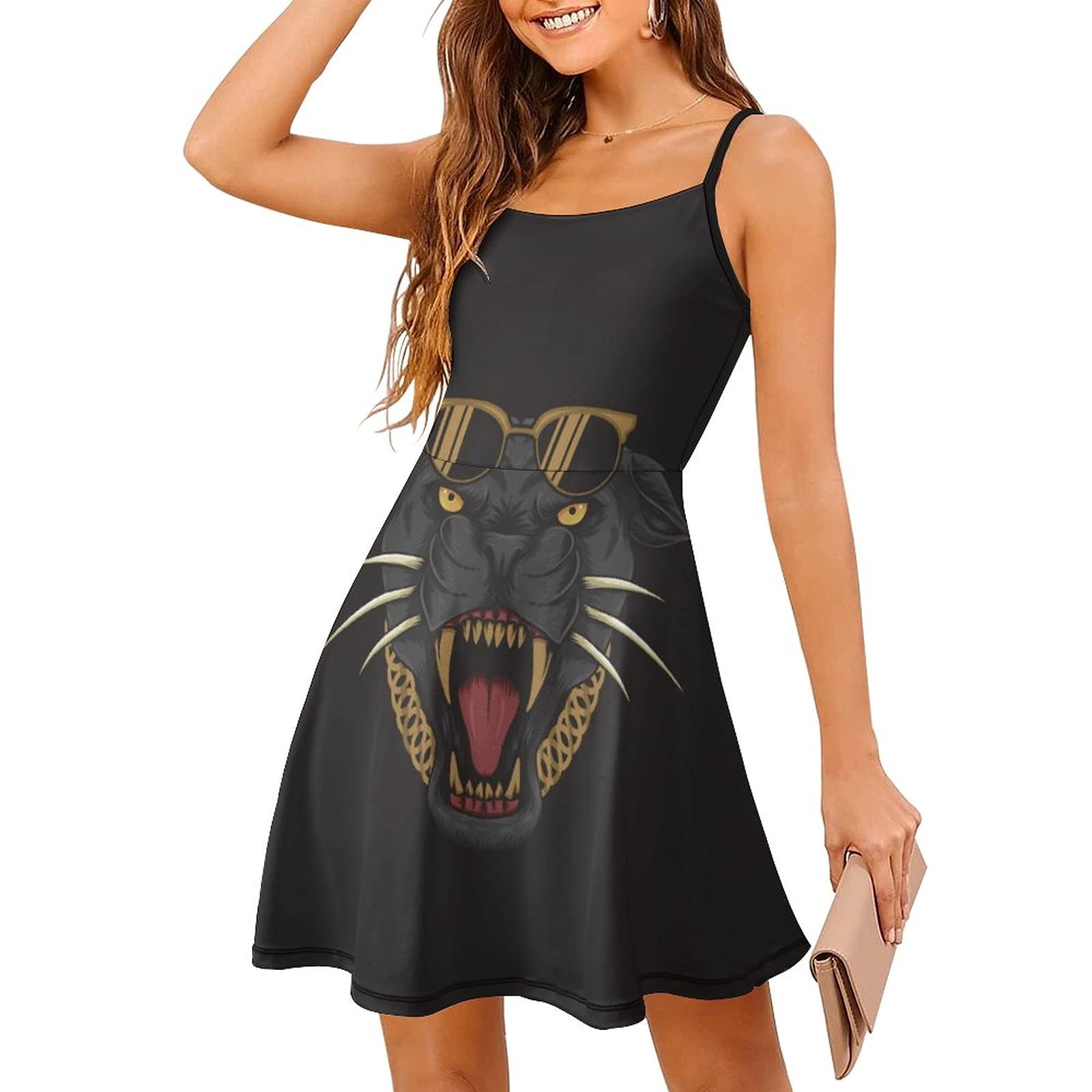 Black Panther Print Women's Sleeveless Sundress - Casual Beach Swing Dress with Slit & Adjustable Straps | Perfect for Summer Vacations, Pool Parties and Tropical Getaways