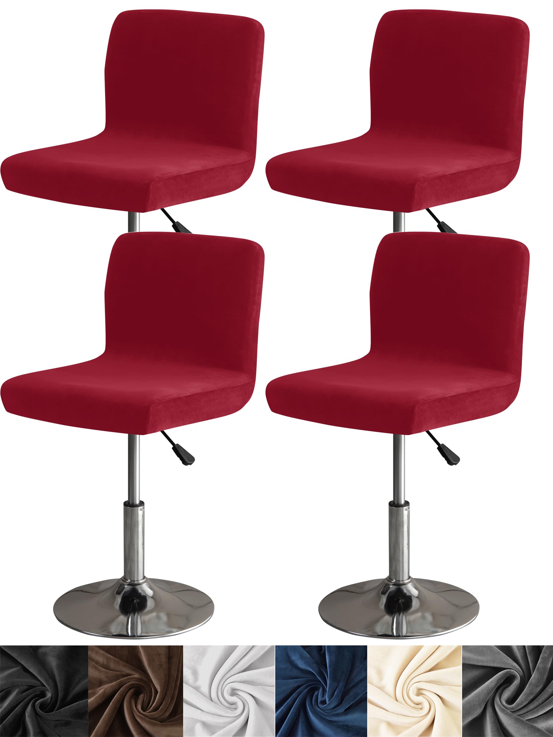 4 Pack Stretch Velvet Bar Stool Covers with Backs - Washable Elastic Dining Chair Covers for Kitchen, Bar & Counter Stools - Red Velvety Seat Protectors for Home & Restaurant Use