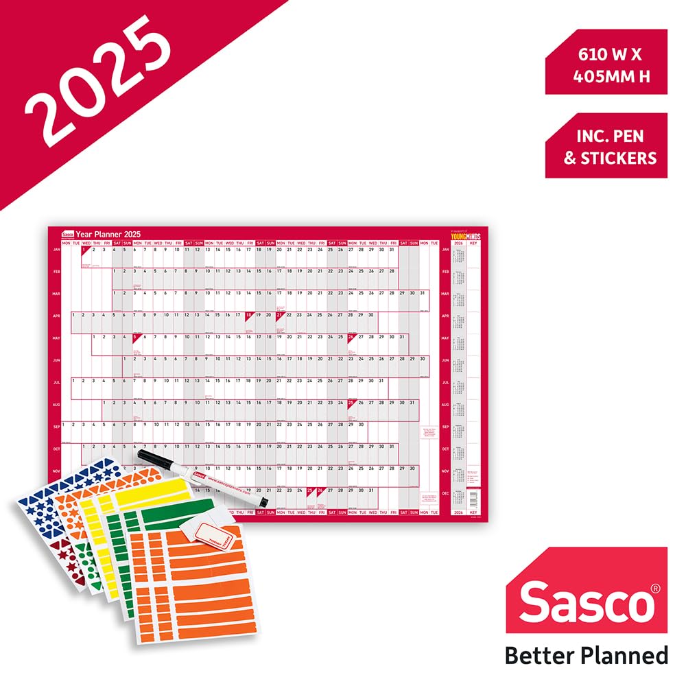 Sasco 2025 Compact Yearly Wall Planner - 24