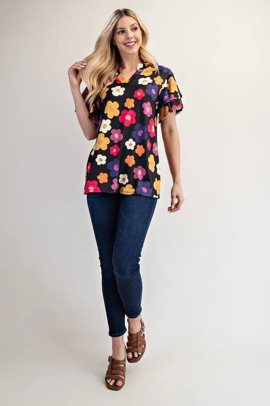 Celeste Bold Floral Print Ruffle Sleeve Blouse for Women | Elegant Party & Date Night Top | Summer Casual & Formal Occasion Wear