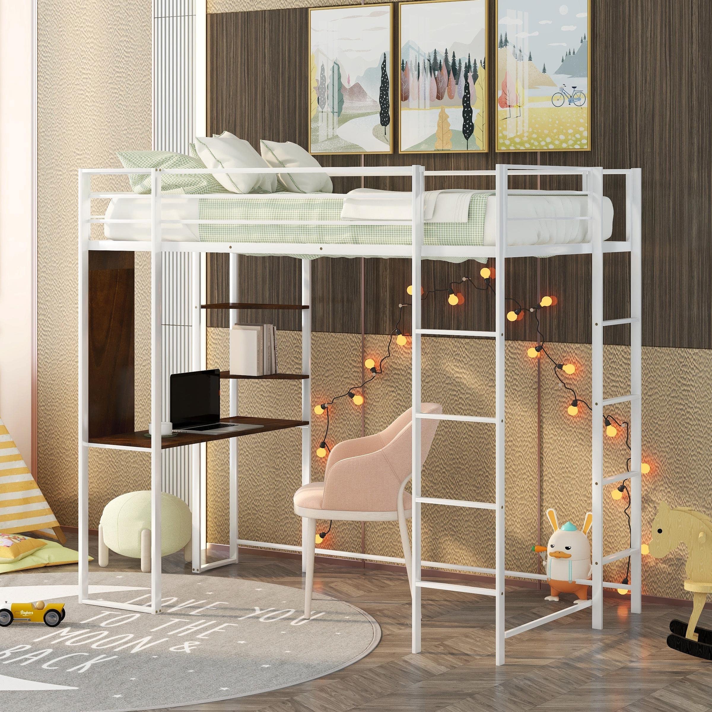 Twin Metal Loft Bed with Desk & Bookcase - Sturdy High Loft Bed Frame for Teens & Kids - White Space-Saving Study Bed with Computer Workstation - Perfect for Small Bedrooms, Dorm Rooms & Home Offices