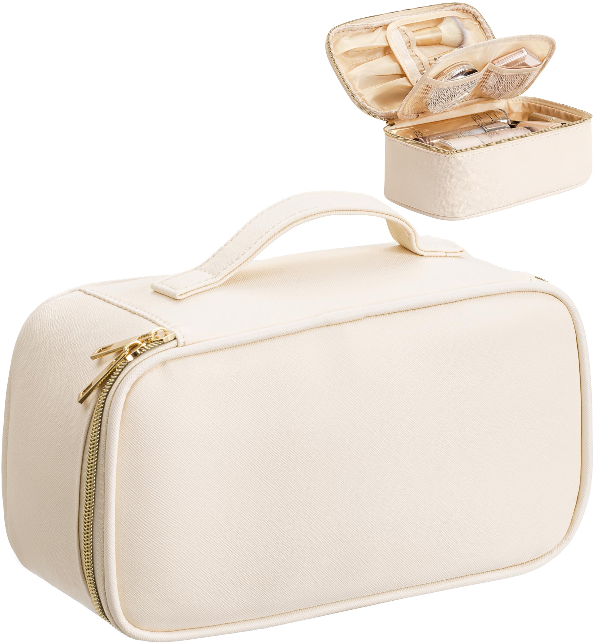 Waterproof Leather Makeup Bag for Women - Small Travel Cosmetic Organizer with Handle, Portable Toiletry Bag for Daily Use & Vacation (Beige) | Perfect for Gym, Office, and Weekend Getaways