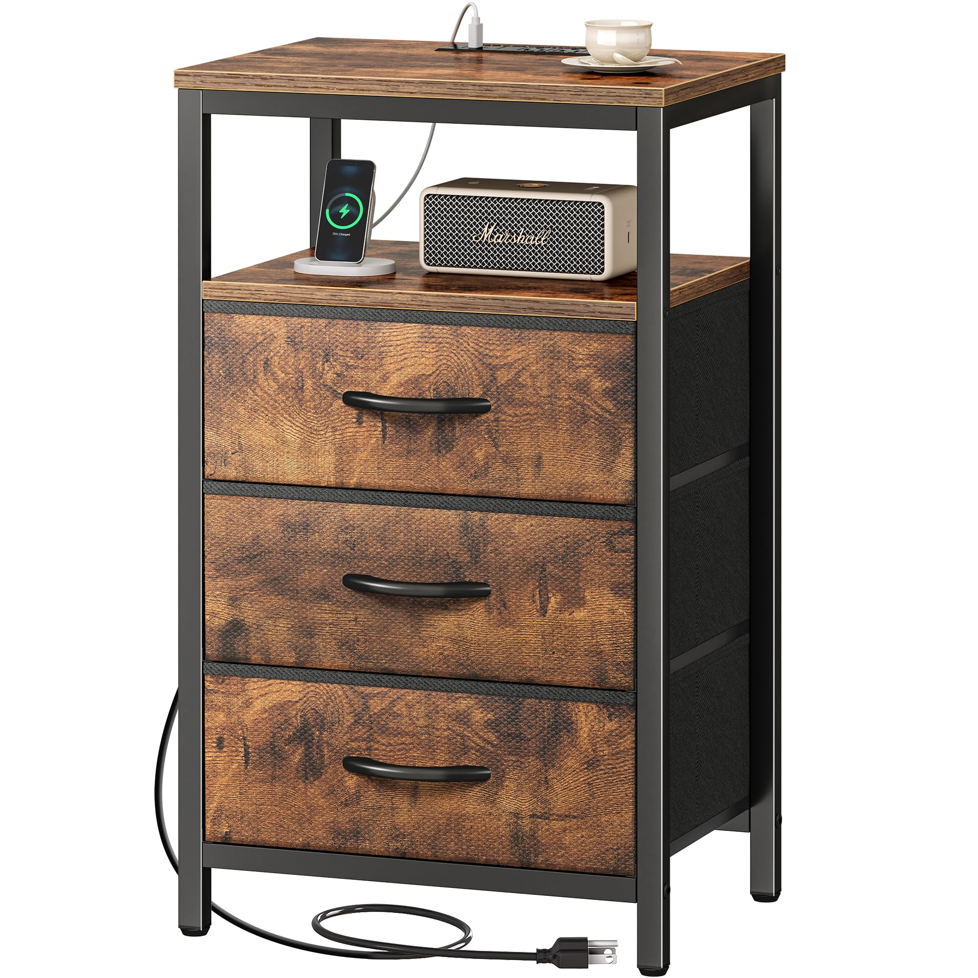 Huuger 27.6 Inch Nightstand with USB Charging Station & Fabric Drawers - Rustic Brown Bedside Table with Outlets for Bedroom | Perfect for Small Spaces, Apartment Living & Modern Home Decor