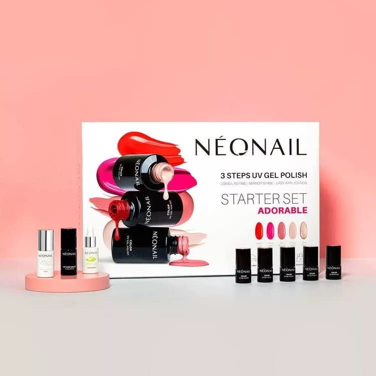 NEONAIL ADORABLE Starter Set - 3 Step UV Gel Polish Kit for Long-Lasting Mirror Shine, Includes Base/Top Coat & 5 Colors with UV/LED Lamp - Perfect for Home Manicures & Professional Nail Salons