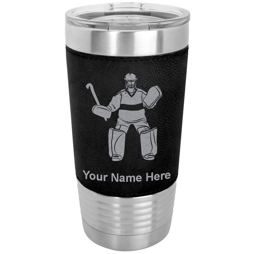 LaserGram 20oz Vacuum Insulated Stainless Steel Tumbler Mug with Personalized Engraving - Leakproof & Sweatproof for Hot & Cold Drinks - Perfect Gift for Field Hockey Goalie Players (Faux Leather, Black) - Ideal for Sports, Gym, Office & Outdoor Activities