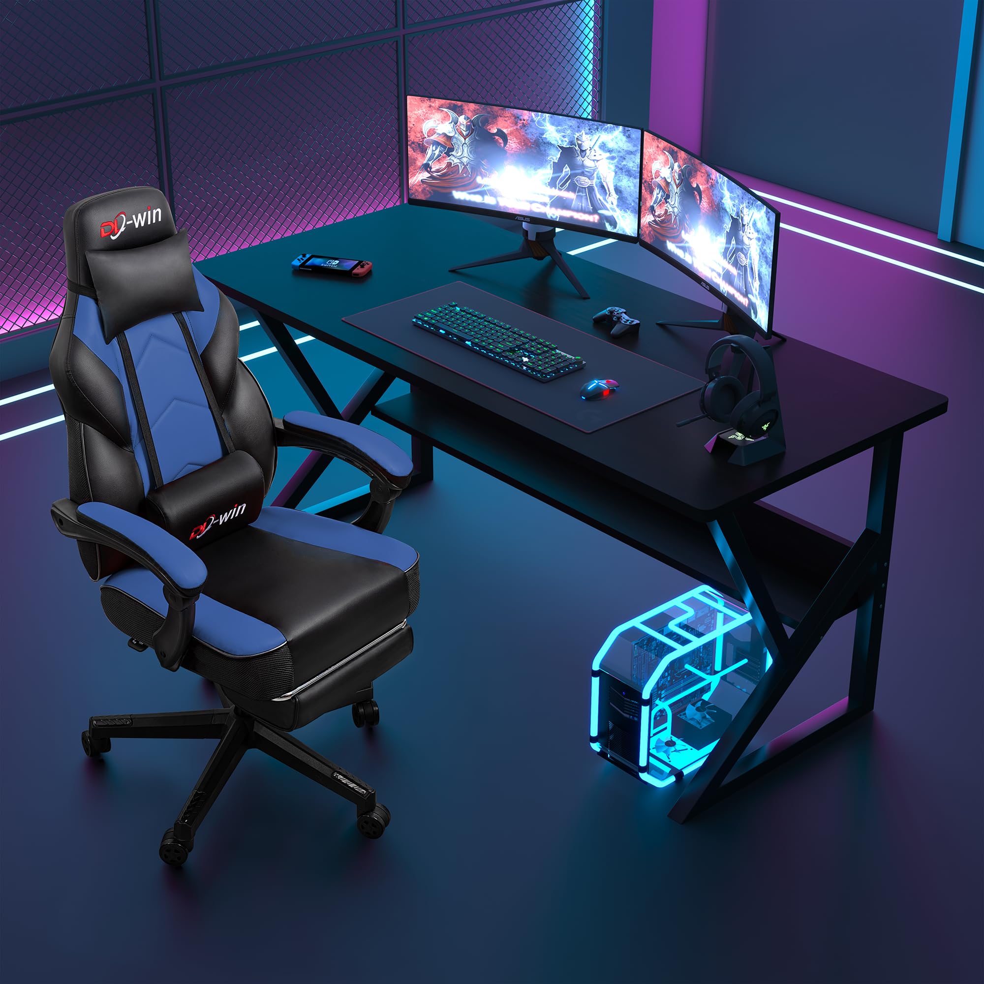 Ergonomic Gaming Chair for Adults - High Back Computer Chair with Footrest, Lumbar Massage & 360° Swivel - Adjustable Height Big & Tall Gamer Chair (Blue) - Perfect for Esports, Streaming & Home Office Setup