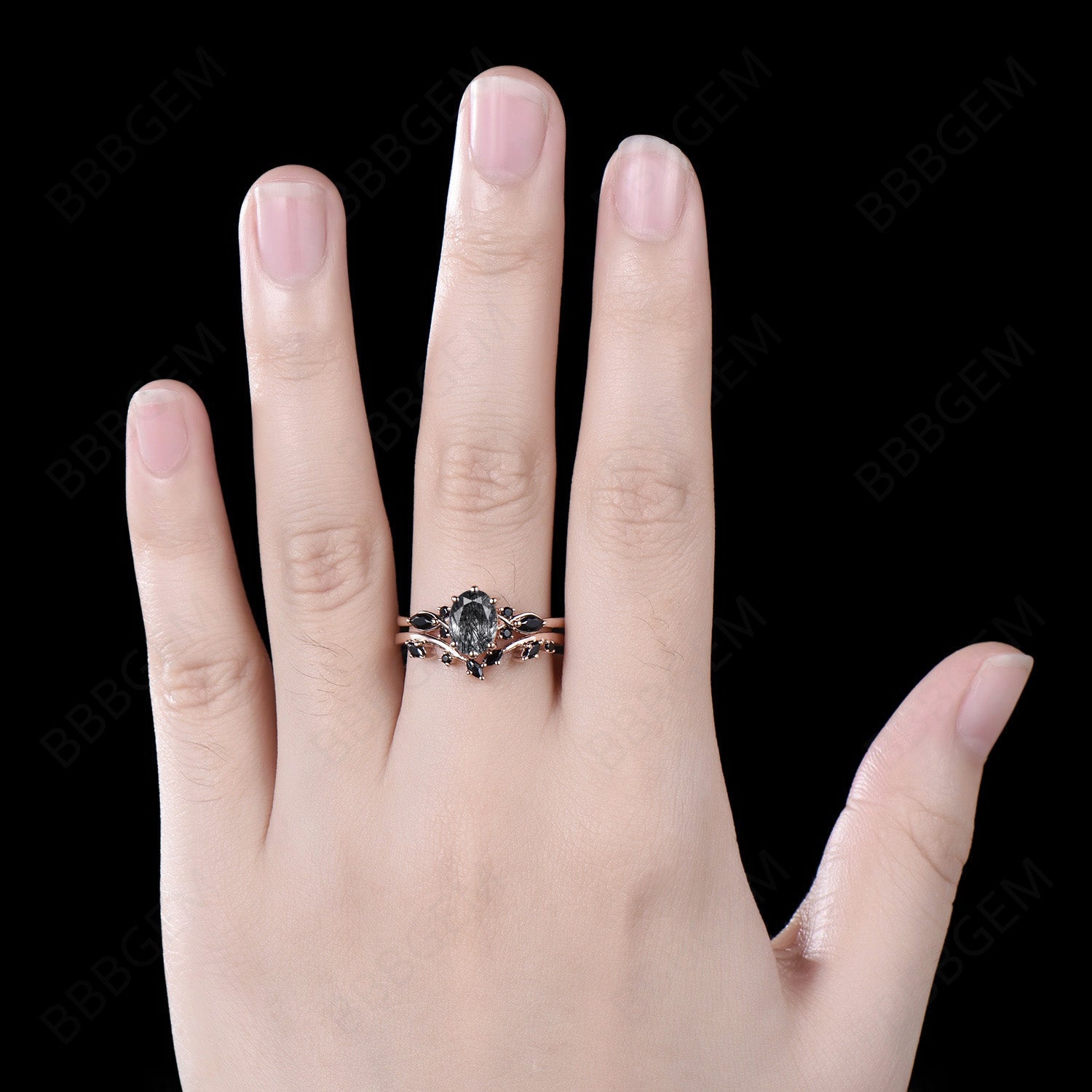 Rose Gold Oval Black Rutilated Quartz Engagement Ring Set - Elegant Wedding Band for Women, Unique Gemstone Jewelry Gift for Her - Perfect for Proposals, Anniversaries & Special Occasions