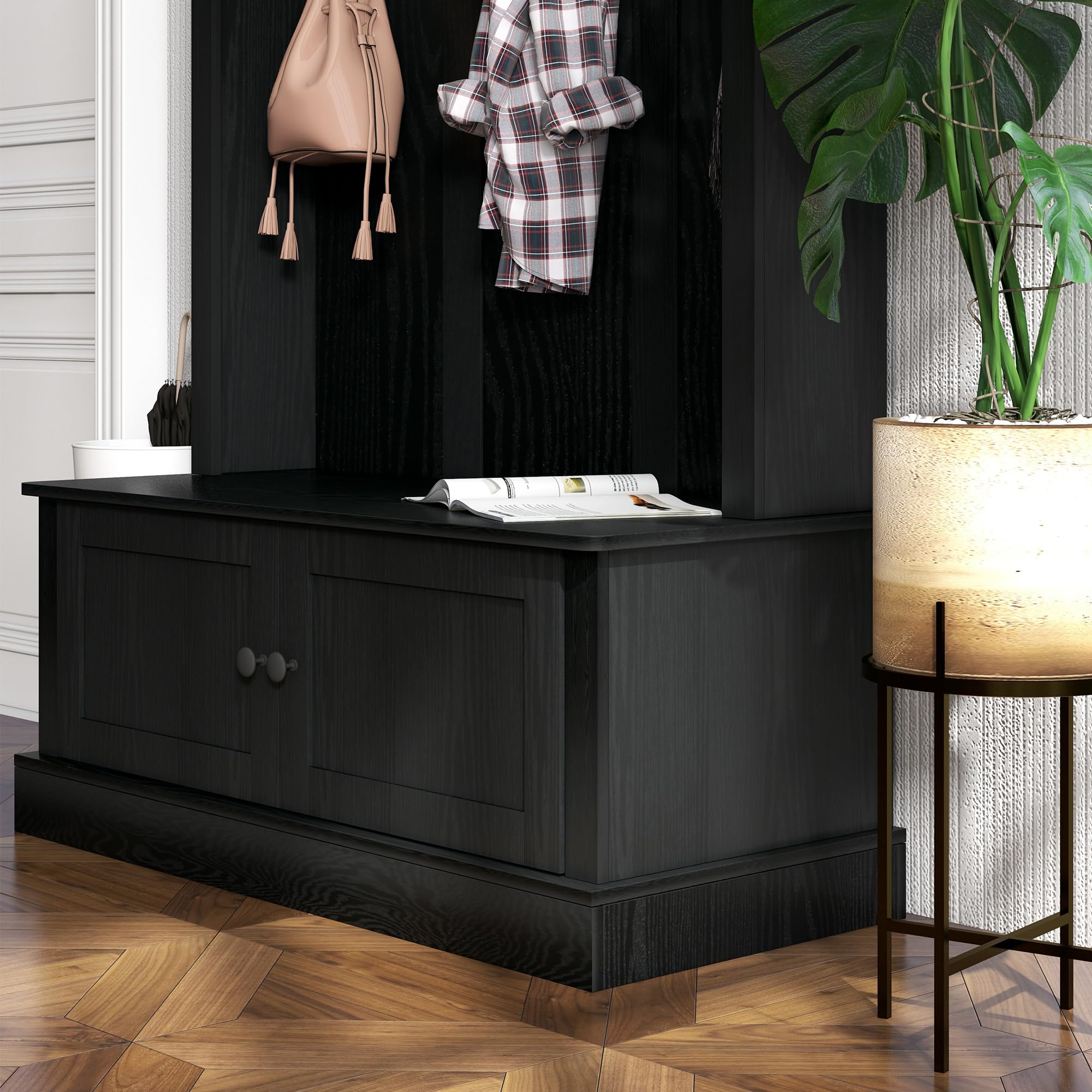 HOMCOM Entryway Bench with Storage & Hooks - Hall Tree Coat Rack, Shoe Storage Cabinet & Shelf - Sturdy Mudroom Bench for Hallway, Living Room & Entryway Organization - Black
