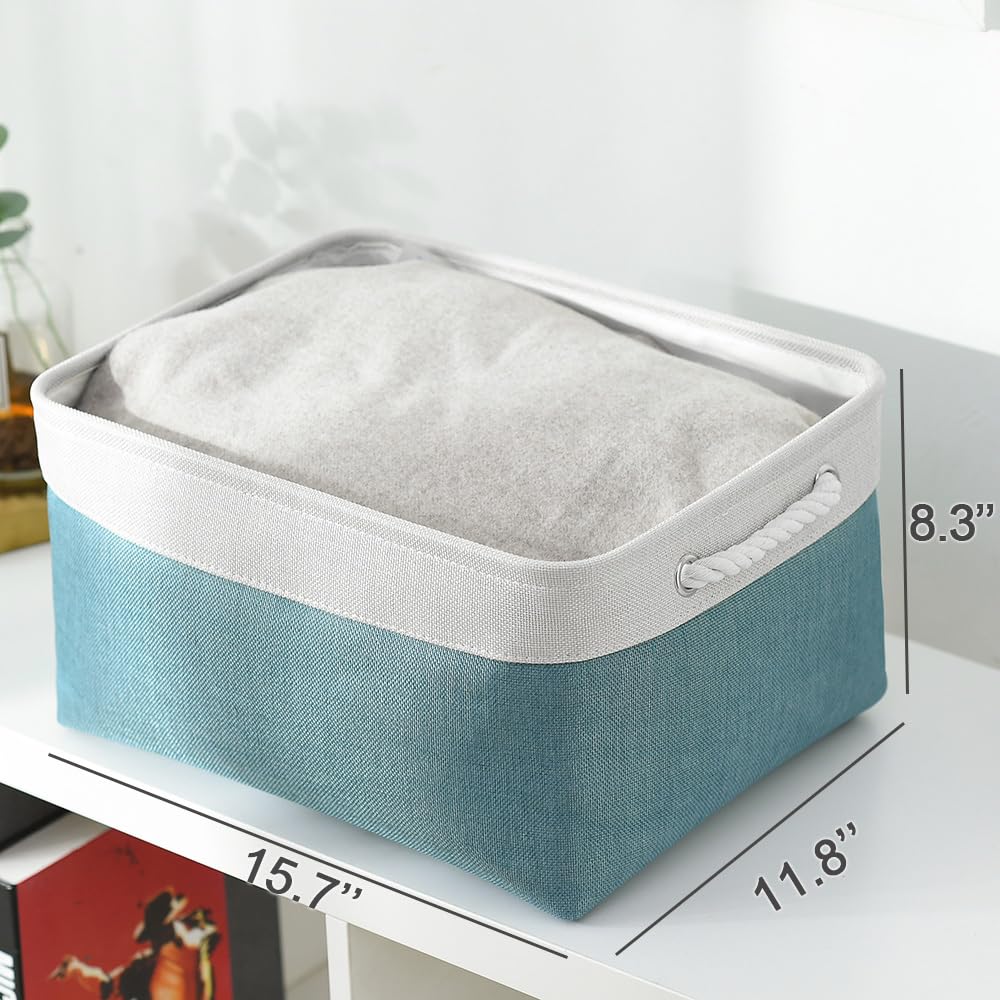 Premium Fabric Storage Bin with Handles - Foldable Cloth Storage Basket for Home Organization, Shelf Bin with Removable Cover - Perfect for Living Room, Bedroom, Closet & Nursery (White & Green, Large 15.7
