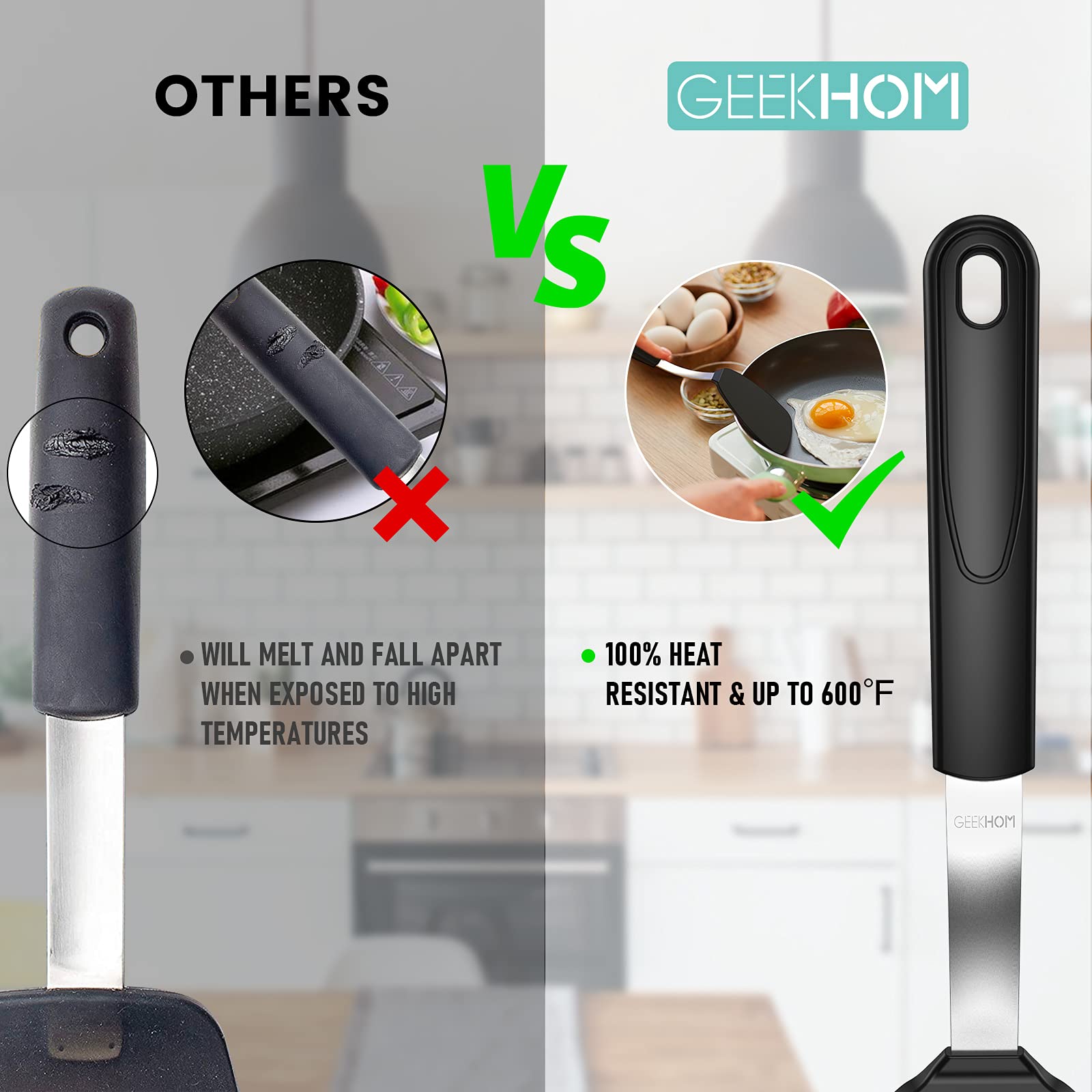 GEEKHOM 3-Piece Silicone Spatula Set - 600°F Heat Resistant, Non-Scratch Kitchen Utensils for Nonstick Cookware | Flexible Slotted Turner for Fish, Eggs & Pancakes | Perfect for Baking, Flipping & Cooking