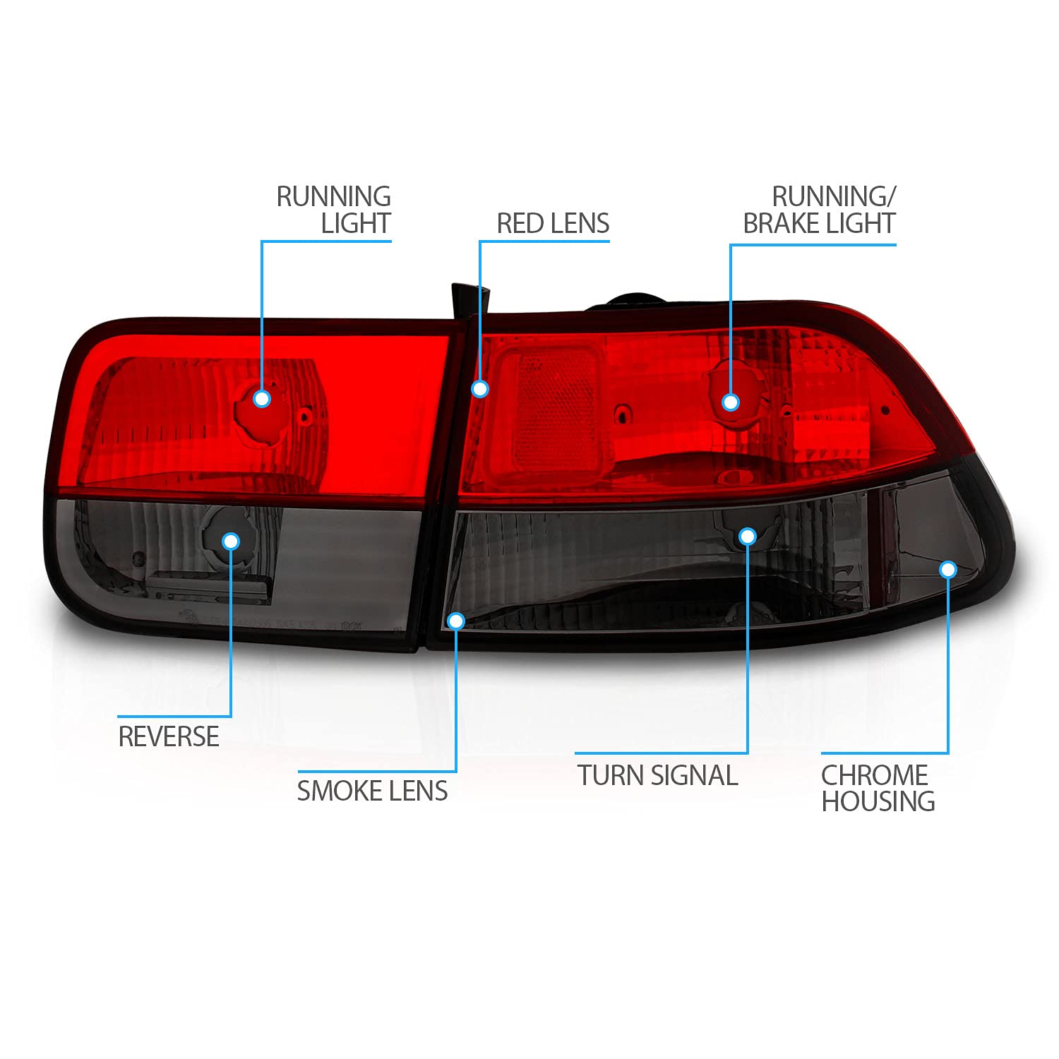 1996-2000 Honda Civic Coupe Red Smoke Crystal LED Brake Tail Lights - 4pc Complete Set (Driver & Passenger Side) | High Visibility, Easy Installation | Perfect for Night Driving & Car Customization