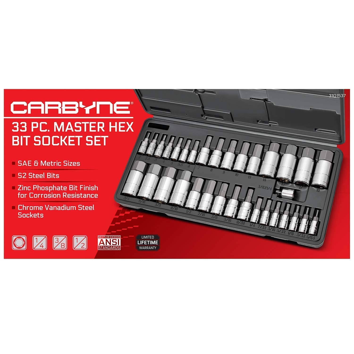 CARBYNE 47-Piece Hex Bit Socket Set - 33 Master + 7 Extra Long Metric & 7 Extra Long SAE - Professional Grade Tool Kit for Automotive Repair & DIY Projects