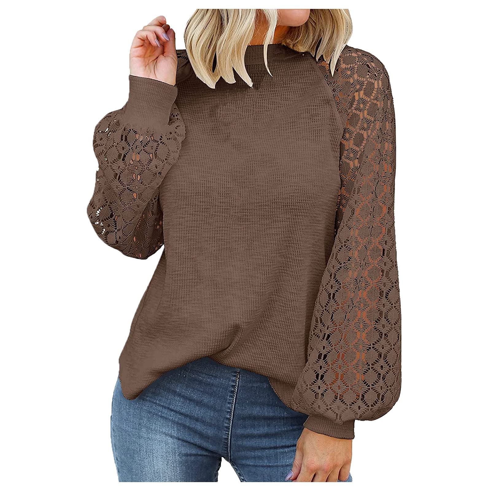 Women's White Lace Crop Top Sweater - Long Sleeve O-Neck Loose Knit Pullover for Winter & Fall | Casual Outfits, Layering, Date Nights