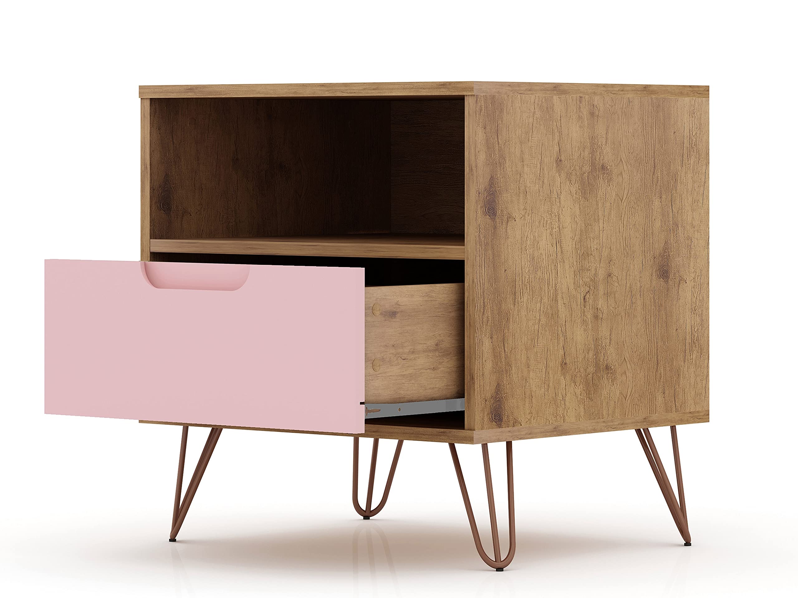 Mid Century Modern Nightstands Set of 2 with Drawer & Cubby - Pink Bedside Tables for Bedroom & Living Room | Functional Storage Organizer for Books, Lamps & Bedroom Essentials