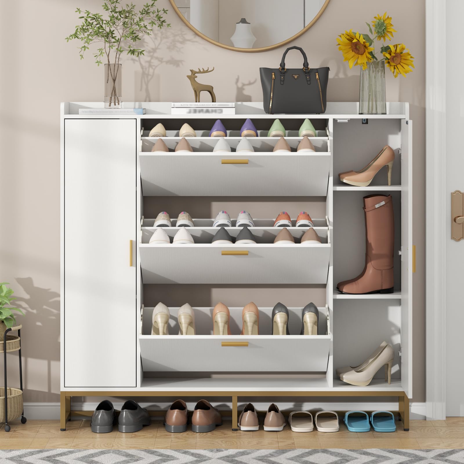 Modern White Shoe Cabinet with 3 Flip Drawers & 2 Storage Compartments - Freestanding Entryway Organizer with Metal Legs for Hallway, Living Room, Bedroom - Slim Shoe Storage Rack for Sneakers, Boots & Home Organization