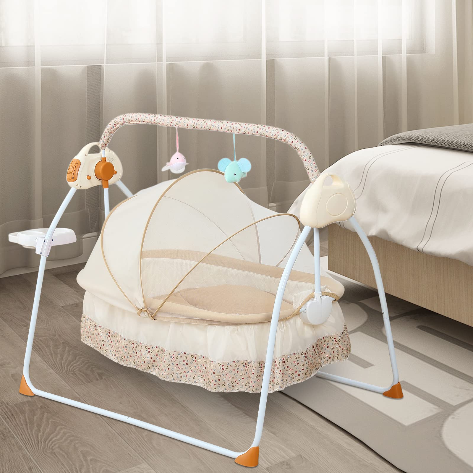 Portable Baby Swing for Infants to Toddlers - Foldable Electric Baby Rocker with Remote Control, 5 Adjustable Swing Speeds, Music & Timer - Perfect for Nursery, Travel & Soothing Fussy Babies (Khaki Stand)