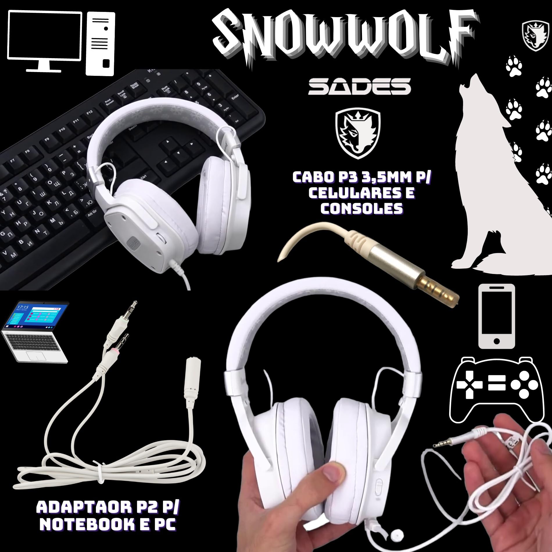 SADES Snowwolf SA-722S Wireless Gaming Headset with Microphone - White Noise Cancelling Over-Ear Headphones for PC, PS4, Xbox (18.5x9x26.5cm) - Perfect for Gaming, Streaming & Online Classes