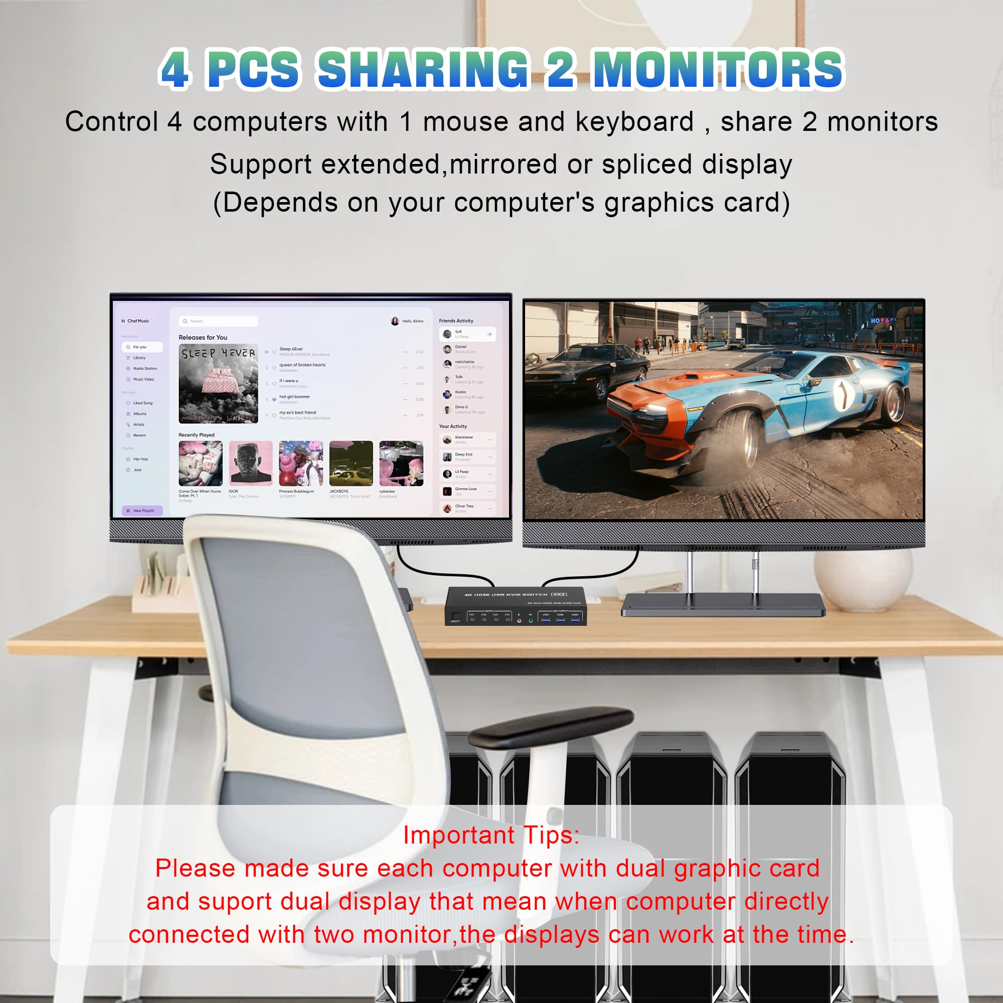 4K@60Hz HDMI KVM Switch for 4 Computers to 2 Monitors - Dual Monitor Support, EDID Emulation, Audio/Mic & 3 USB 3.0 Ports for Keyboard/Mouse - Perfect for Home Office, Gaming Setup & Multi-PC Workstations