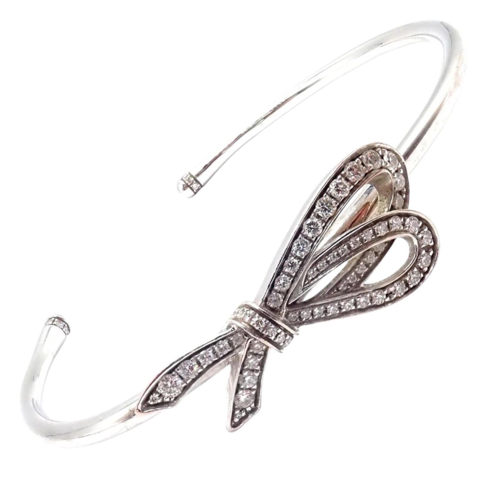 Authentic Tiffany & Co 18K White Gold Diamond Bow Ribbon Bangle Cuff Bracelet - Elegant Jewelry Gift for Women, Perfect for Weddings, Anniversaries & Special Occasions