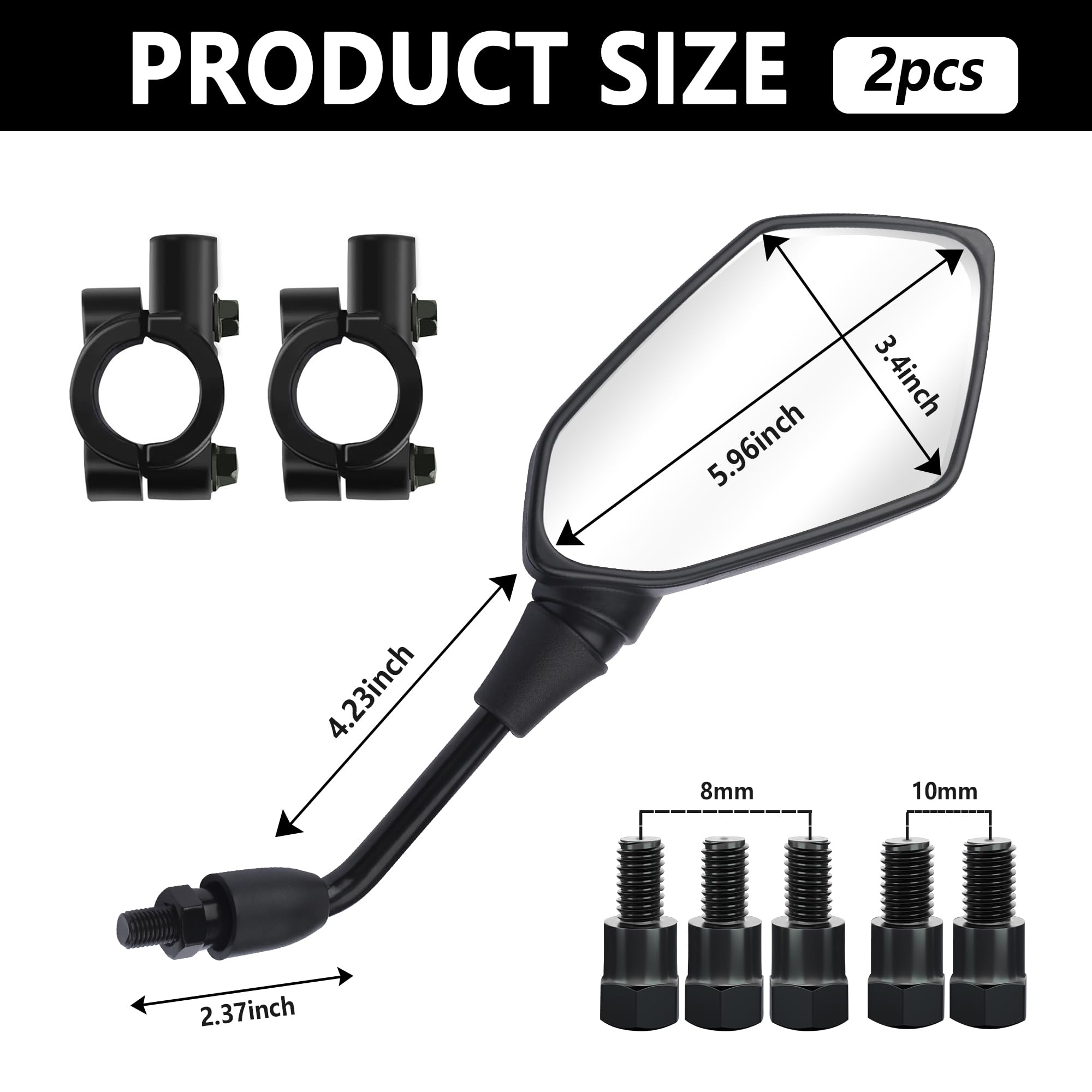 8mm & 10mm Bolt HD 360° Adjustable Motorcycle Mirrors - Wide Angle Rear View Mirrors for Scooter, ATV, Dirt Bike - Perfect for Safe Riding and Improved Visibility (Black)