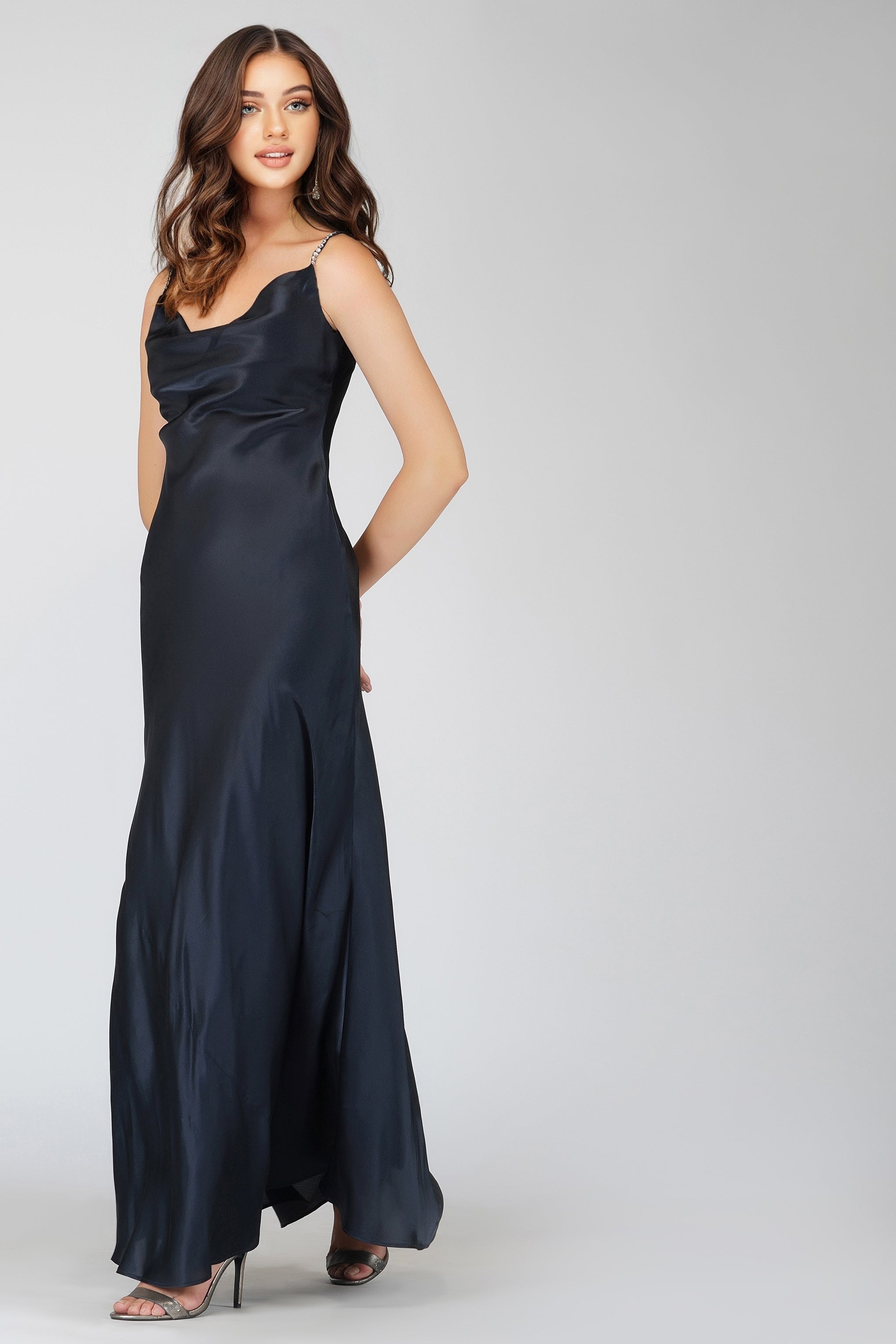 Elegant Sienna Navy Blue Satin Maxi Dress for Women - Formal Evening Gown, Wedding Guest Dress, Prom & Party Wear