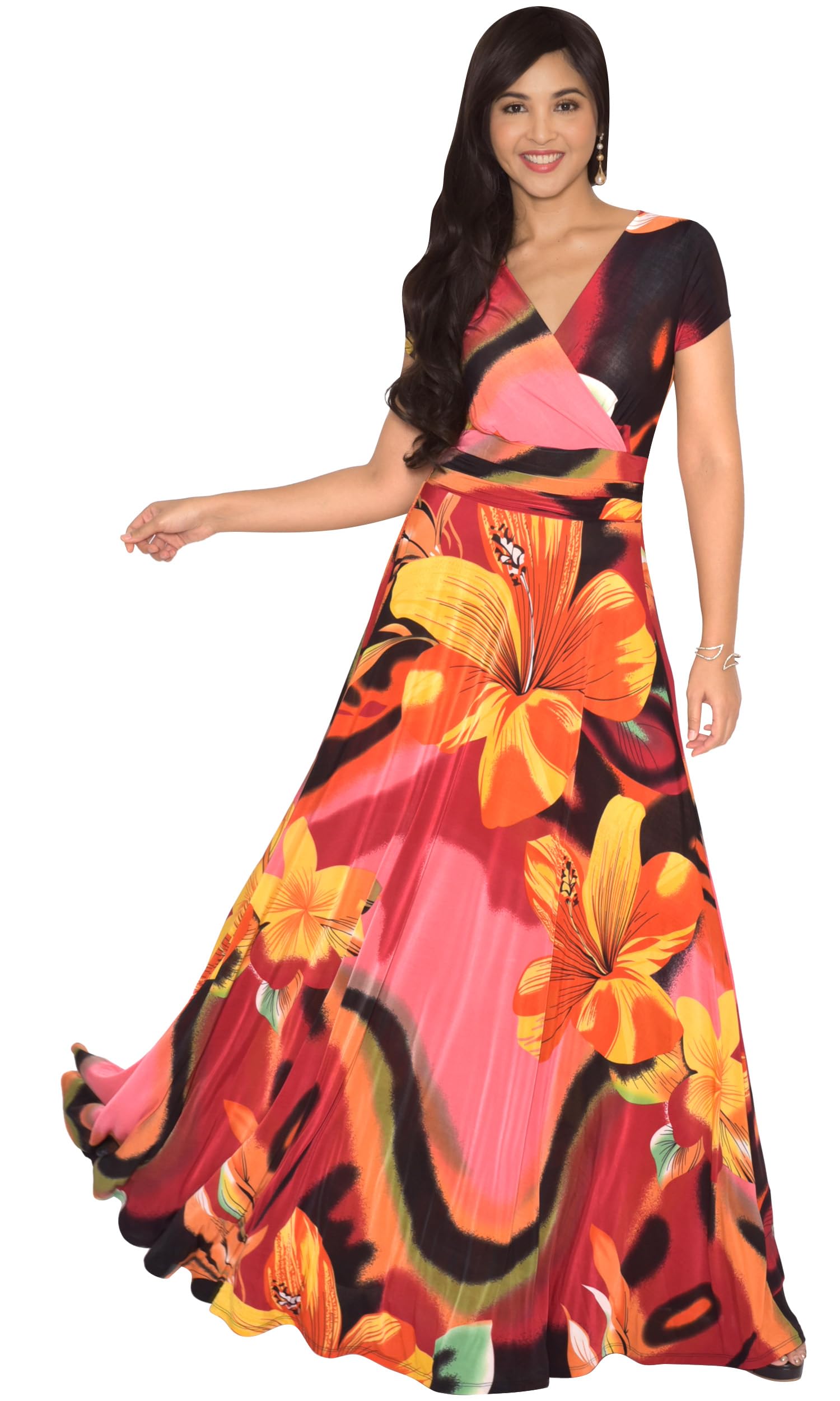 KOH KOH Women's Long Maxi Summer Dress - Floral Print Short Sleeve Flowy Modest Gown for Beach, Vacation & Casual Wear