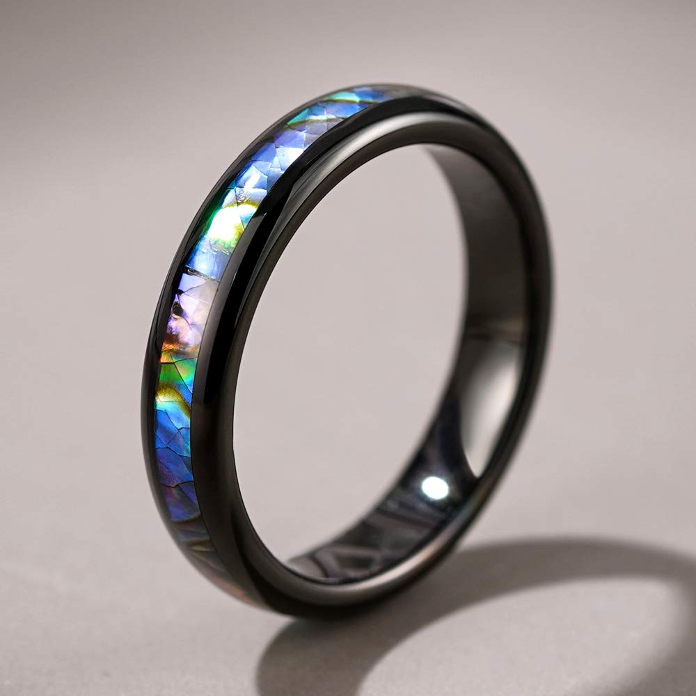 THREE KEYS JEWELRY Natural Abalone Shell Inlay Tungsten Wedding Rings for Men & Women - 4mm 6mm 8mm Widths, Durable Silver Band, Customizable Sizes - Perfect for Anniversaries, Engagements & Everyday Wear