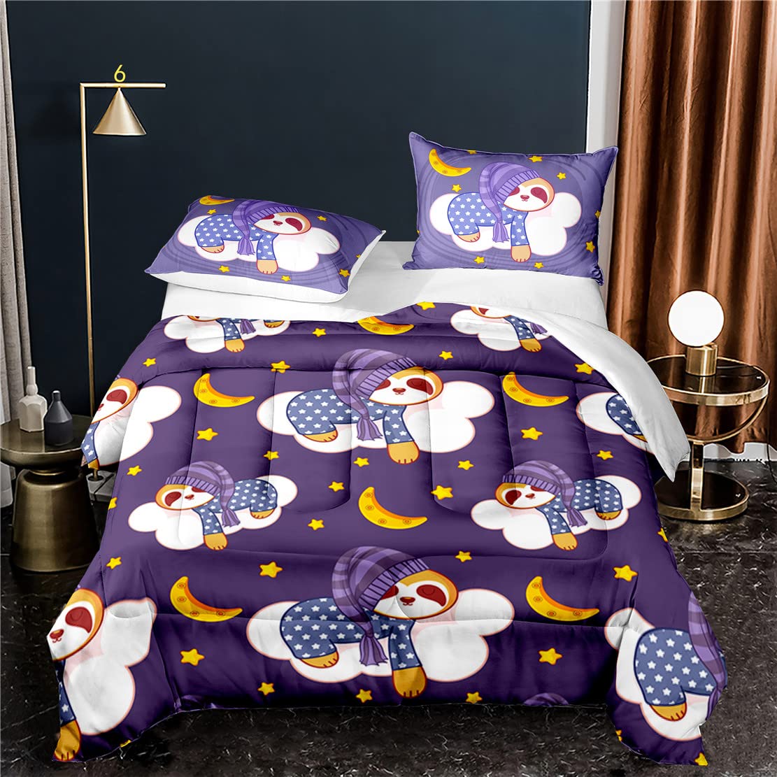 EDUMEYA Kawaii Sloth King Size Comforter Set - Cartoon Animal Bedding with Clouds, Stars & Moon Design, Soft Purple Quilt for Kids Bed (1 Comforter + 2 Pillowcases) | Cozy Bedroom Decor for Boys & Girls, Perfect for Sleepovers & Nursery Room