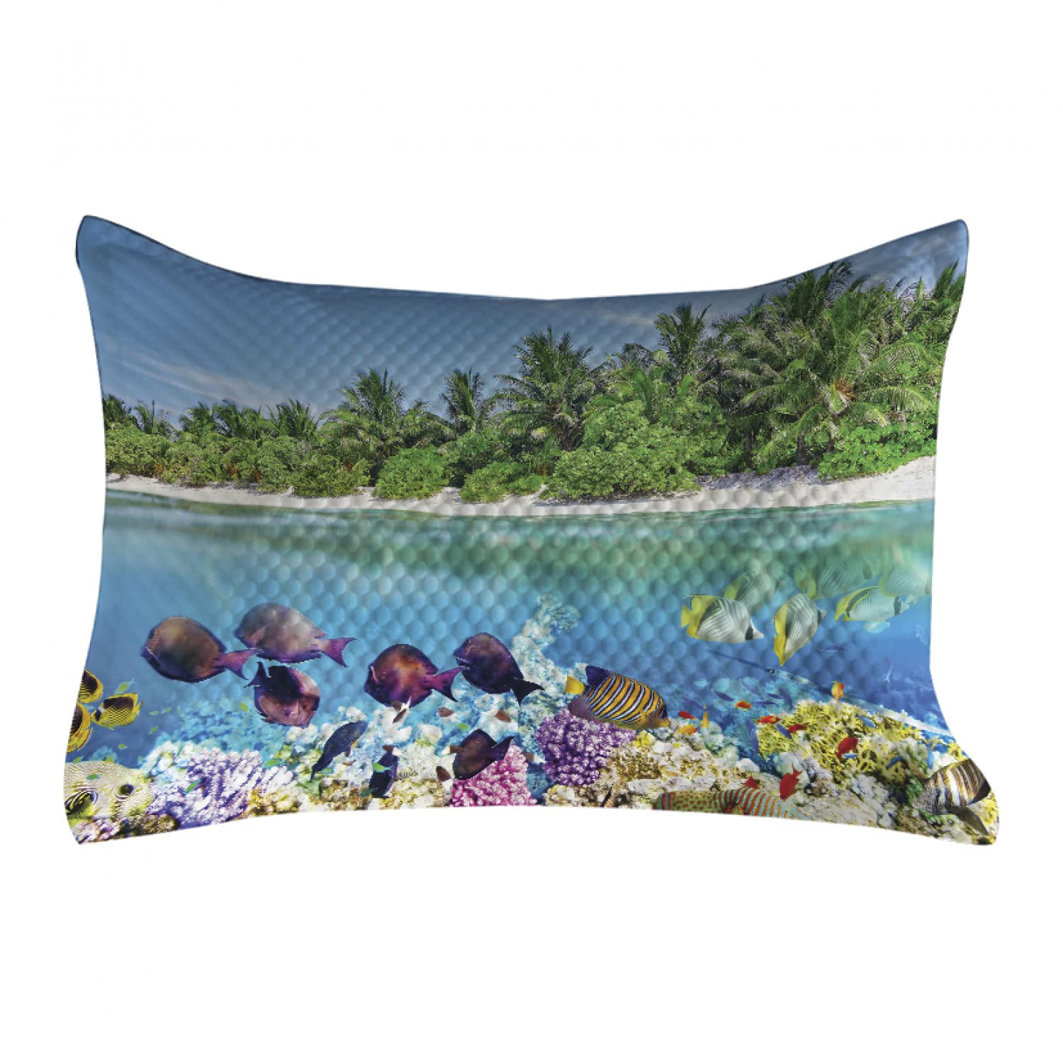 Ambesonne Island Quilted Pillow Cover - Sandy Seacoast Underwater Aquatic World Maldives Travel Diving Paradise Photo - King Size 36x20 Inch Decorative Pillow Case for Bedroom Sofa Living Room - Multicolor Coastal Home Decor for Beach House & Vacation Rental