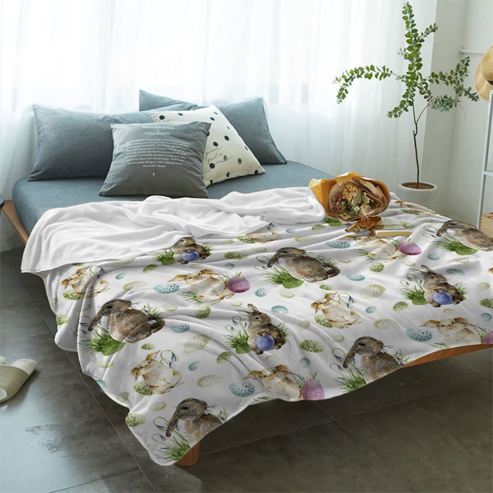 Spring Easter Throw Blanket - Soft Flannel Microfiber Fleece Blanket with Green Plant & Bunny Design (50x60 Inches) | Cozy Lightweight Blanket for Couch, Sofa, Bed | Perfect for Easter Decor, Gift Giving & Seasonal Home Decor