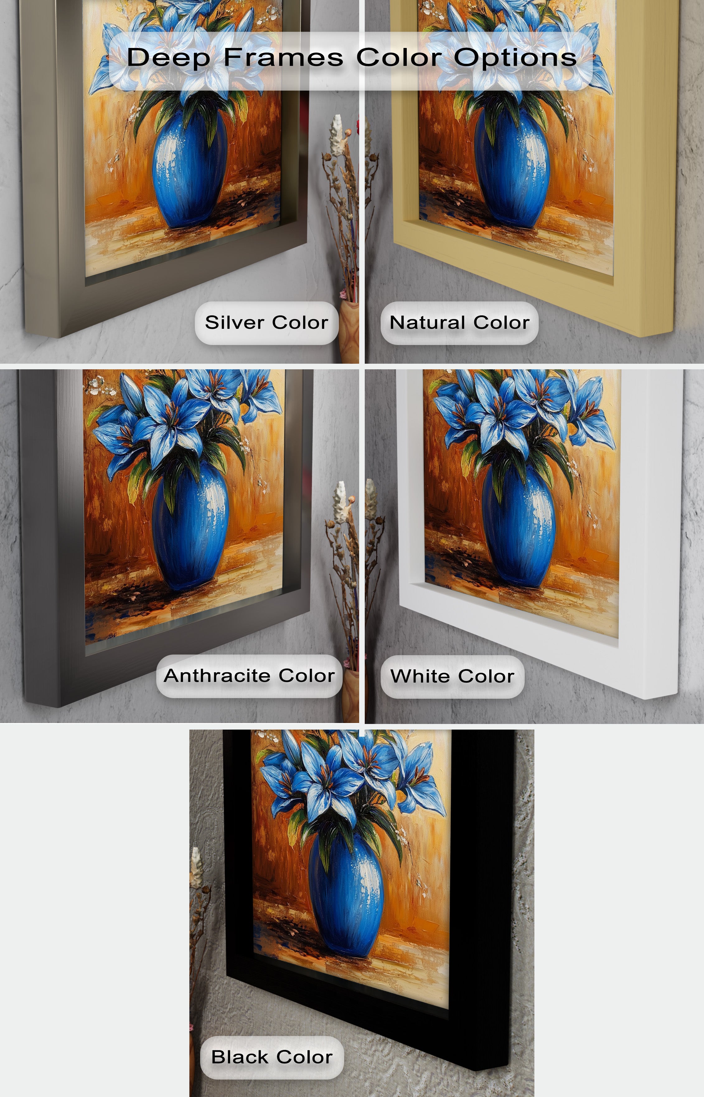 Azure Blossoms in Blue Vase - Hand-Painted Floral Oil Canvas Artwork for Living Room Decor | Wall Art for Home & Office