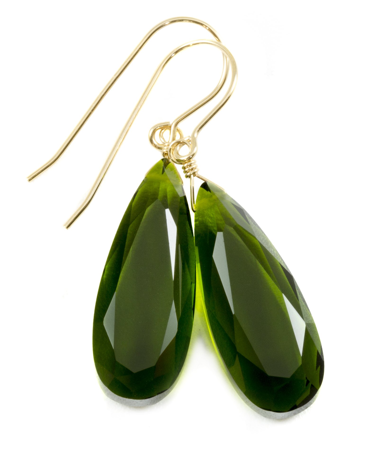 Green Olive Simulated Quartz Earrings - Faceted Teardrop Dangle Earrings 1.7