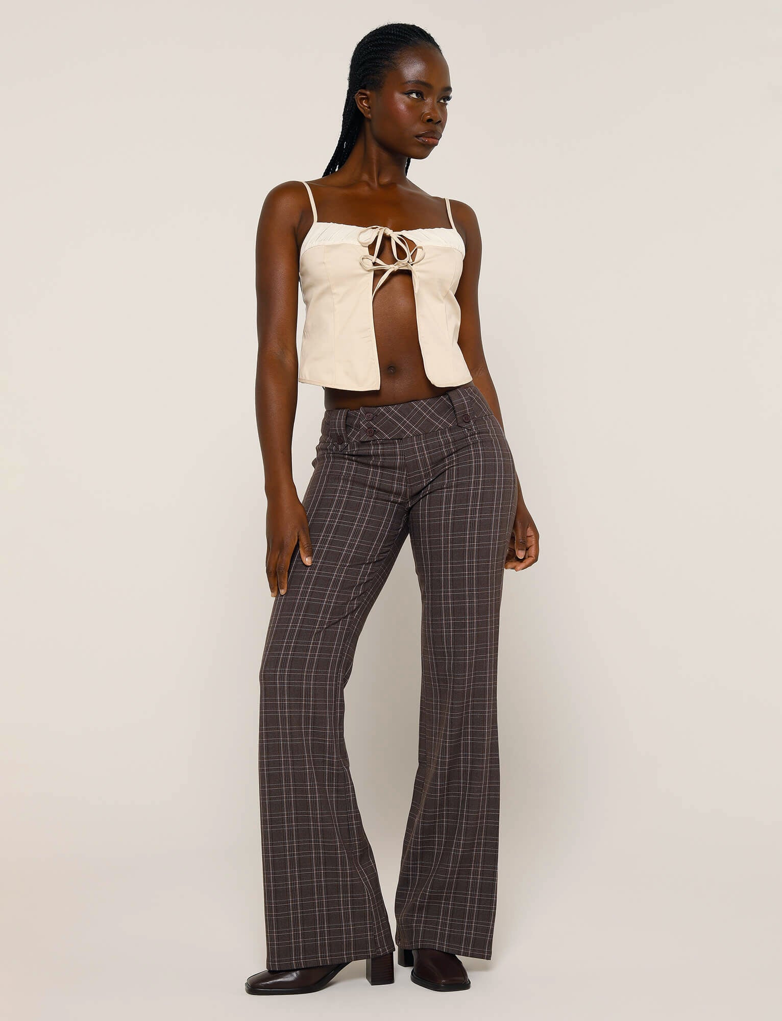 KITTIE PANT BROWN - Chocolate Check Plaid Women's Pants for Casual Wear, Office & Fall Fashion