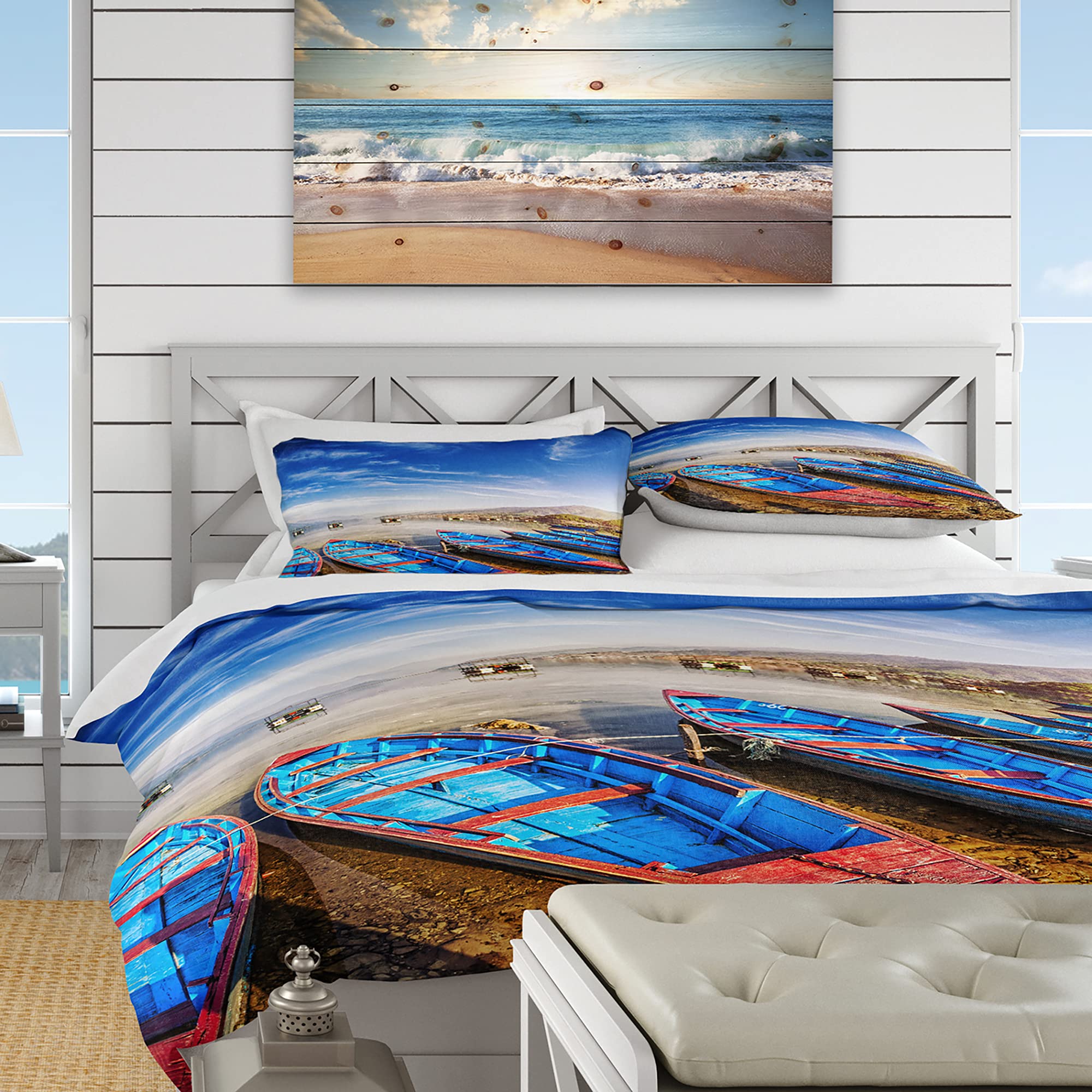 Blue Boats Under Blue Sky Nautical Queen Duvet Cover Set - 3 Piece Coastal Beach Bedding for All Seasons | Perfect for Beach House, Guest Room & Coastal Themed Bedroom Decor