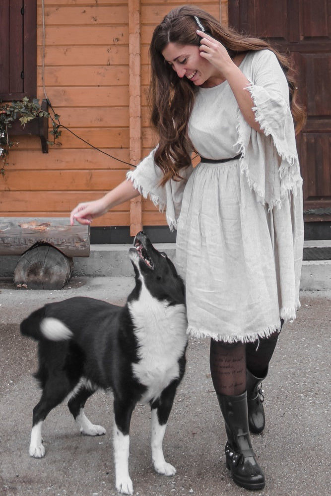 Beige Raw Edge Bell Sleeve Babydoll Dress for Women - Boho Chic Lace Trim Mini Dress - Perfect for Summer, Beach, Music Festivals & Date Nights