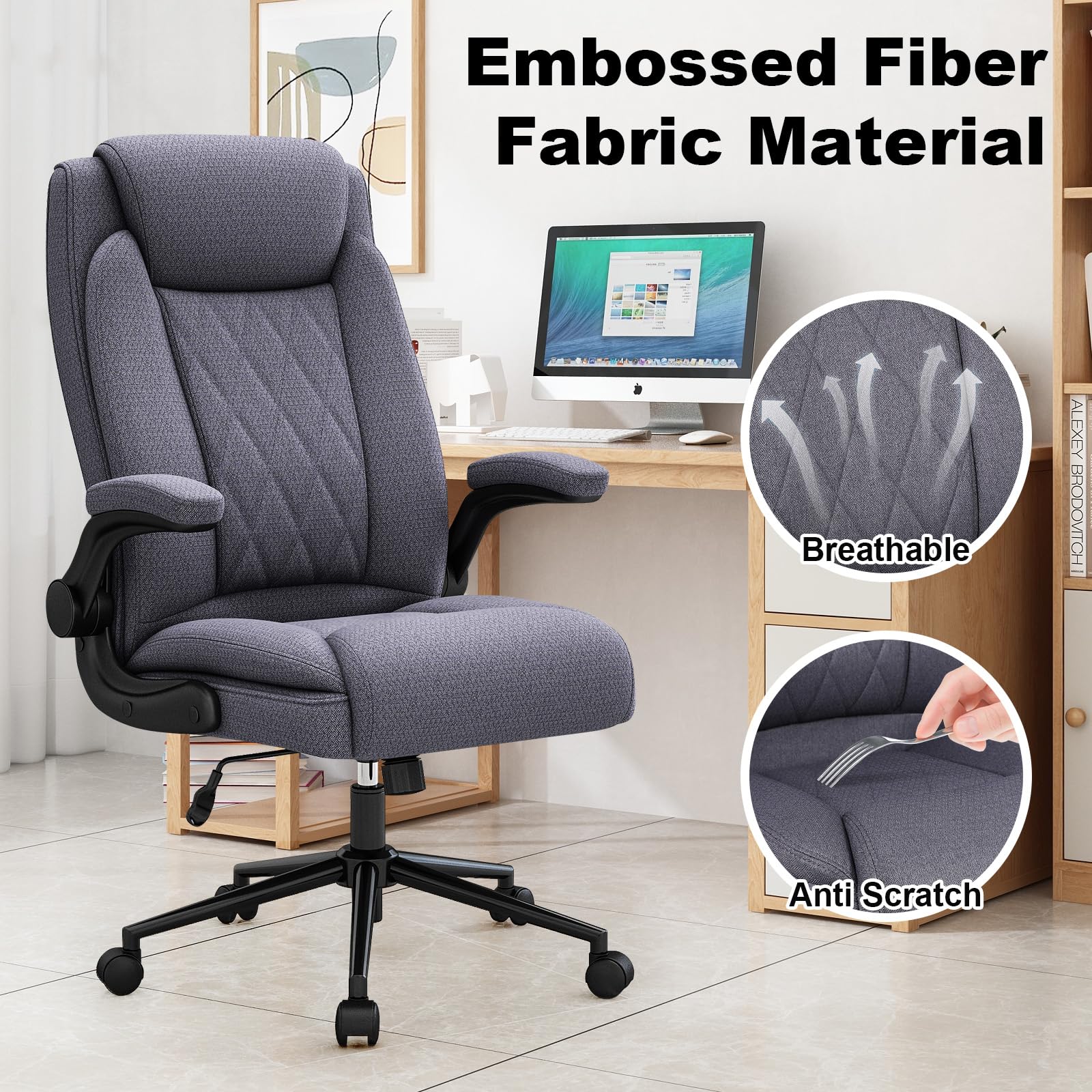 Big and Tall Office Chair - Heavy Duty 400 lb Capacity Executive Desk Chair for Large Men, Breathable Fabric High Back with 120° Tilt & Flip-Up Arms - Perfect for Home Office, Gaming, and Professional Workspaces
