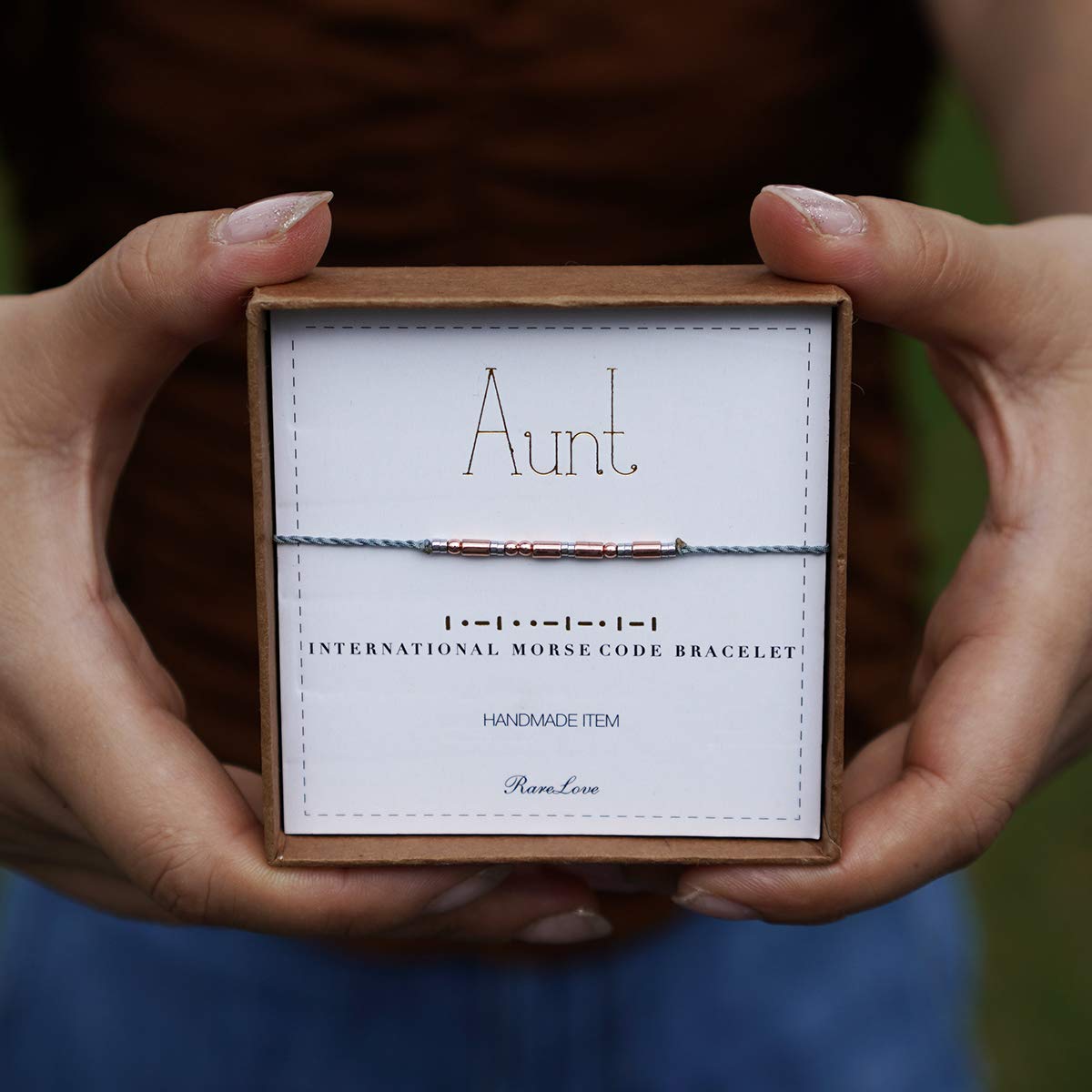 RareLove Morse Code Bracelet for Aunt - Rose Gold Beaded Grey String Bracelet, Best Christmas Gift for Women - Perfect for Birthdays, Anniversaries & Special Occasions