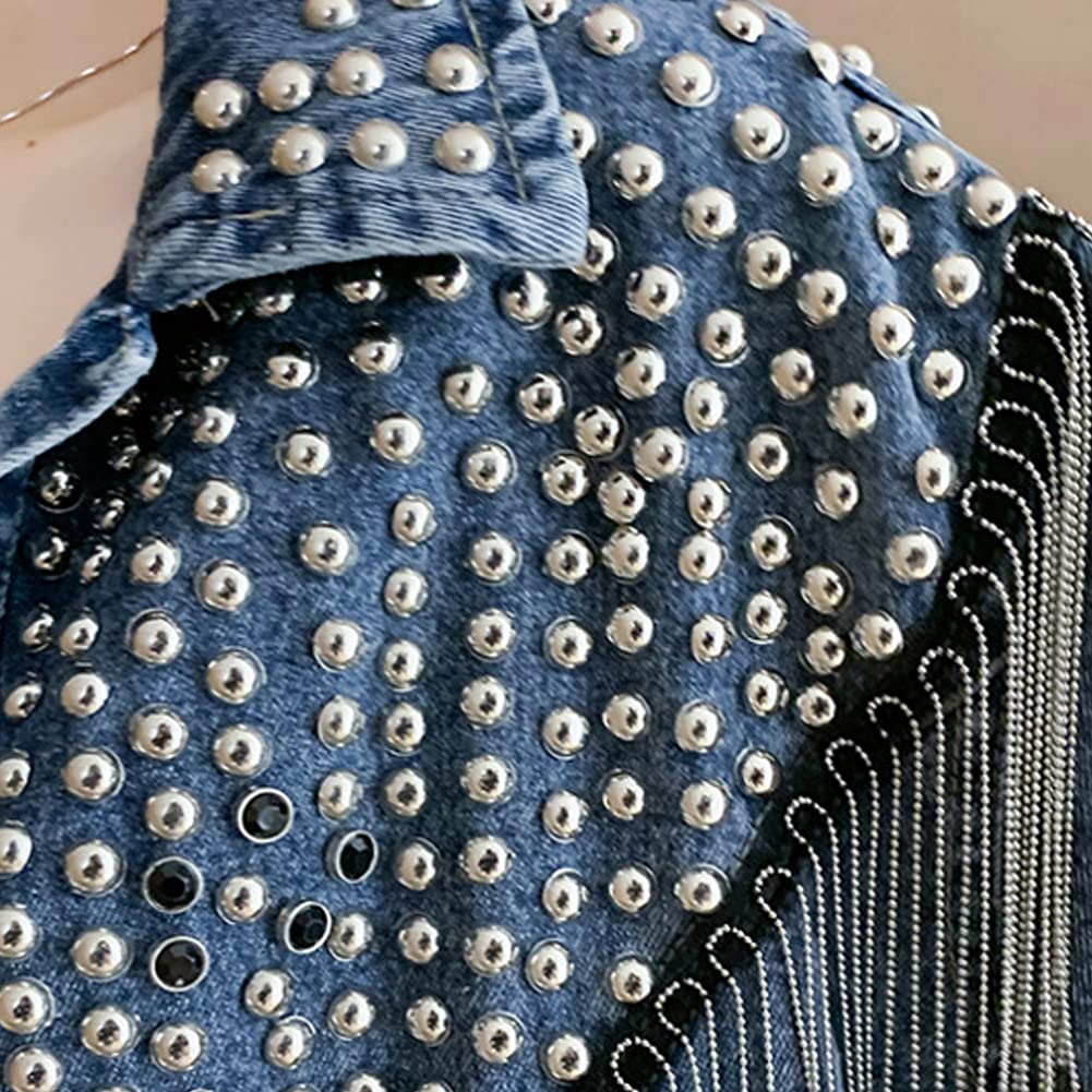 Diffstyle Women's Long Sleeve Embroidered Crystal Washed Denim Jacket - Open Front Short Jean Coat for Casual Outfits & Spring Layering