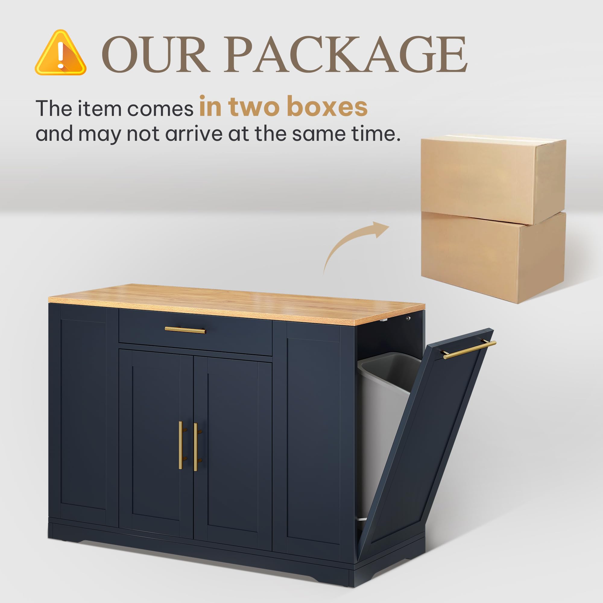 DWVO 53-Inch Large Kitchen Island with Storage & Seating - Rolling Portable Kitchen Cart with Trash Can Cabinet for 13 Gallon Garbage Bin, Navy Blue - Perfect for Small Kitchens, Dining Areas & Home Organization
