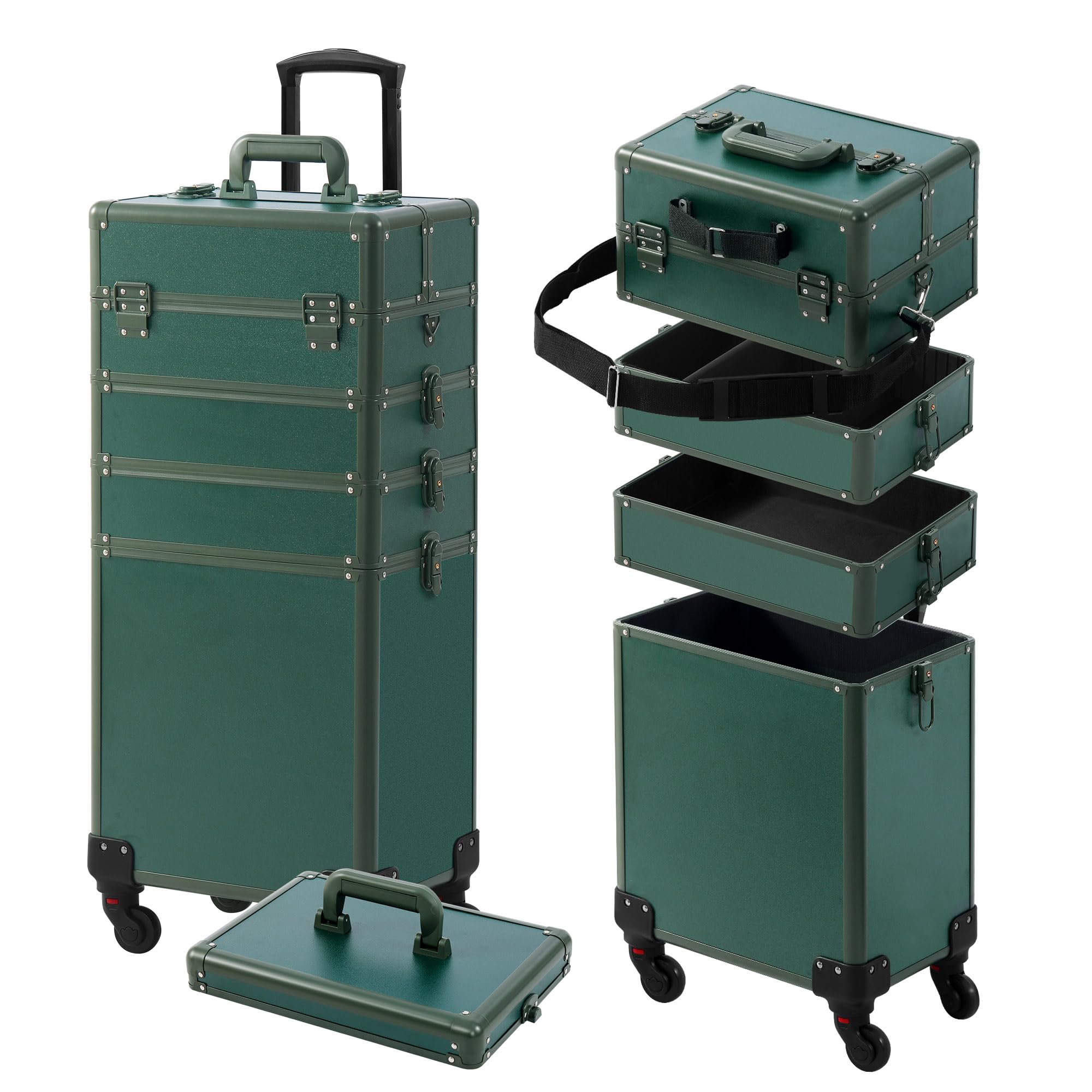 Professional Rolling Makeup Train Case with Lid - 5-in-1 Portable Cosmetology Organizer on Wheels for Salon, Barber & Travel | Large Cosmetic Storage Case | Perfect Christmas Gift for Makeup Artists (Green) | Ideal for Mobile Stylists, Salon Professionals & Beauty Enthusiasts