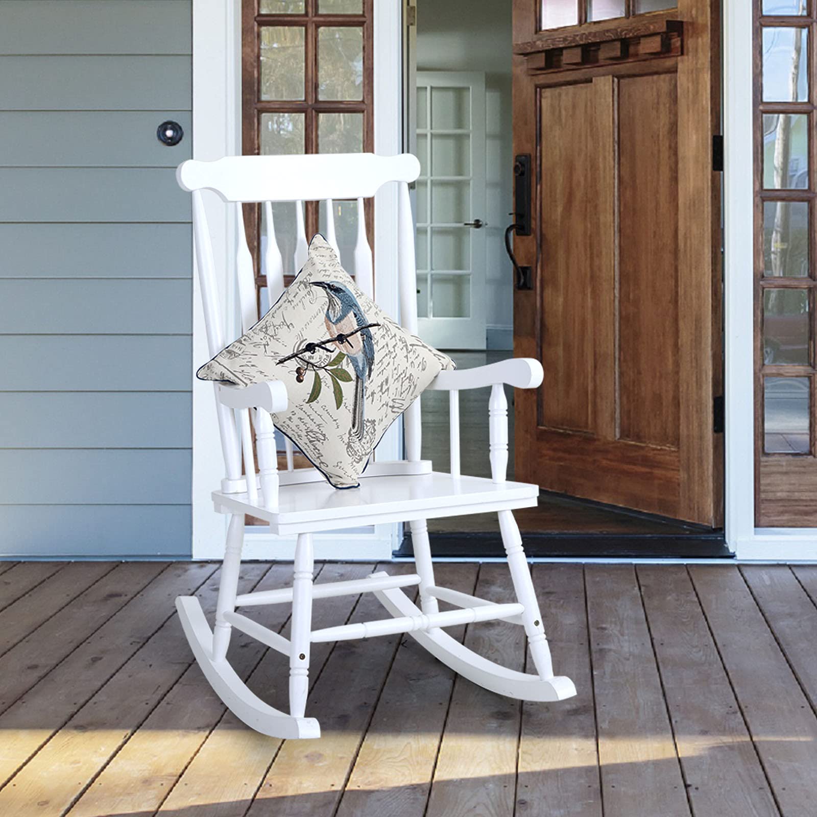 Sophia & William Modern White Poplar Wood Rocking Chair - Fan-Shaped Back Design for Porch, Patio, Garden, Lawn, Balcony & Indoor Use - 300 lbs Weight Capacity (1 Pack) - Perfect for Relaxing, Reading & Enjoying Outdoor Breezes