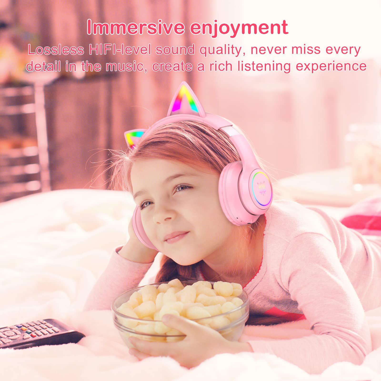 PHNIXGAM Bluetooth Cat Ear Headphones for Kids - Wireless & Wired Foldable Headset with Microphone, RGB LED Lights, Adjustable Volume - Perfect for School, Gaming, Travel, and Online Classes - Compatible with iPhone, Android, PC, Tablet (Pink/Blue)