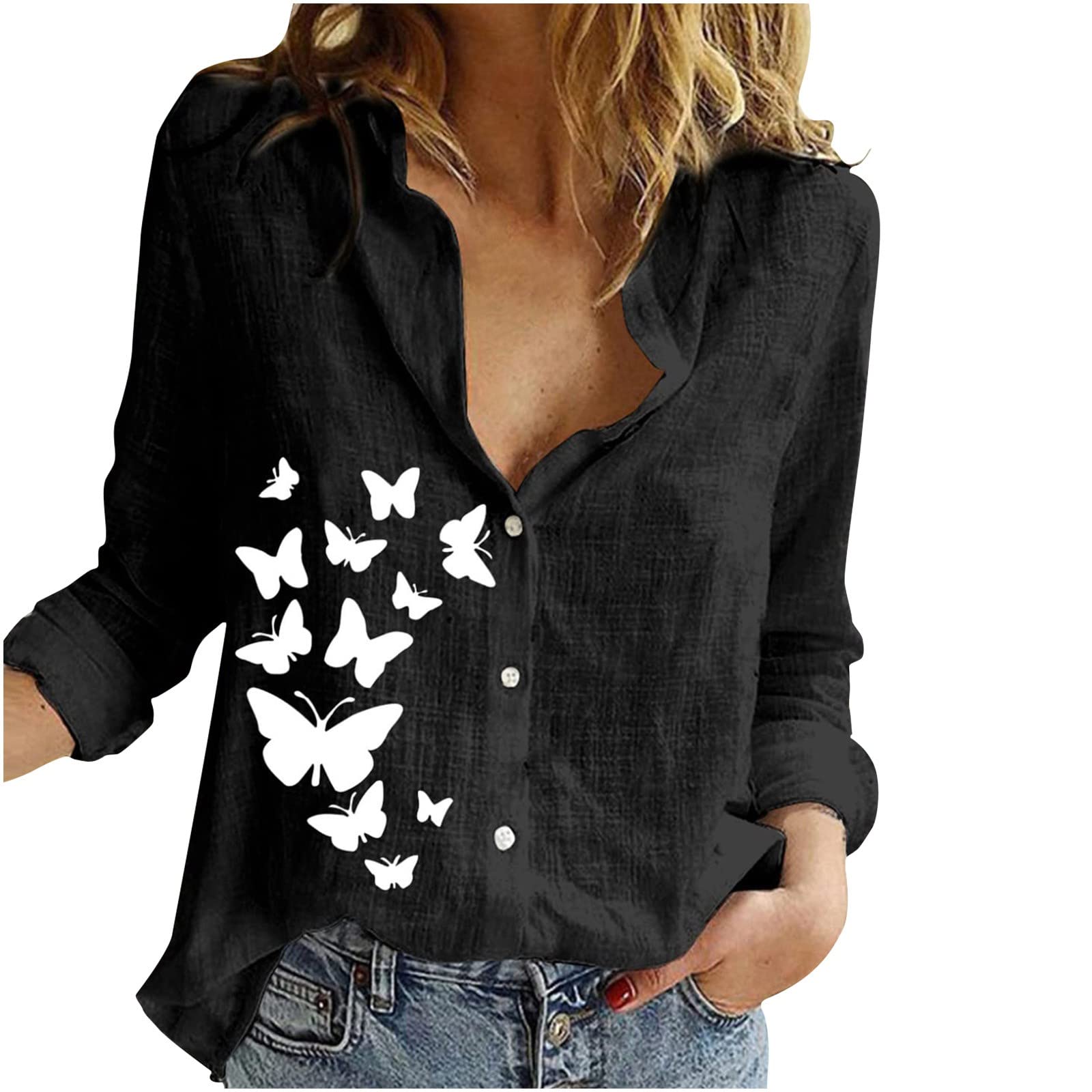EseFGJK Women's Linen Button Down Shirts - Cotton Lapel Blouse Long Sleeve Printed Loose Fit Lightweight Casual Work Tunic Tops for Office, Travel & Everyday Wear
