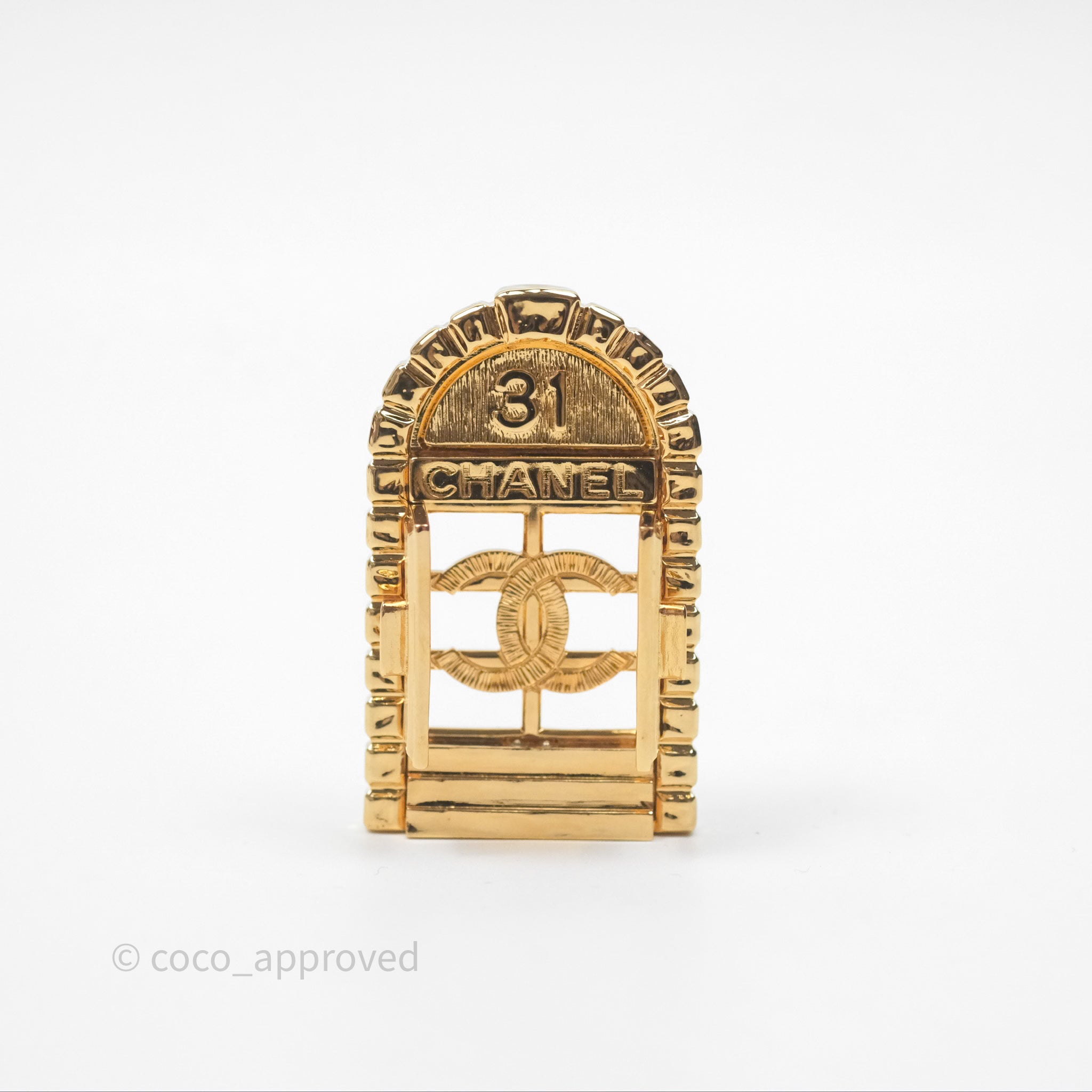 Chanel 31 Rue Cambon Gold Tone Door Brooch Pin - Elegant Fashion Accessory for Women | Perfect for Special Occasions, Parties and Gift Giving