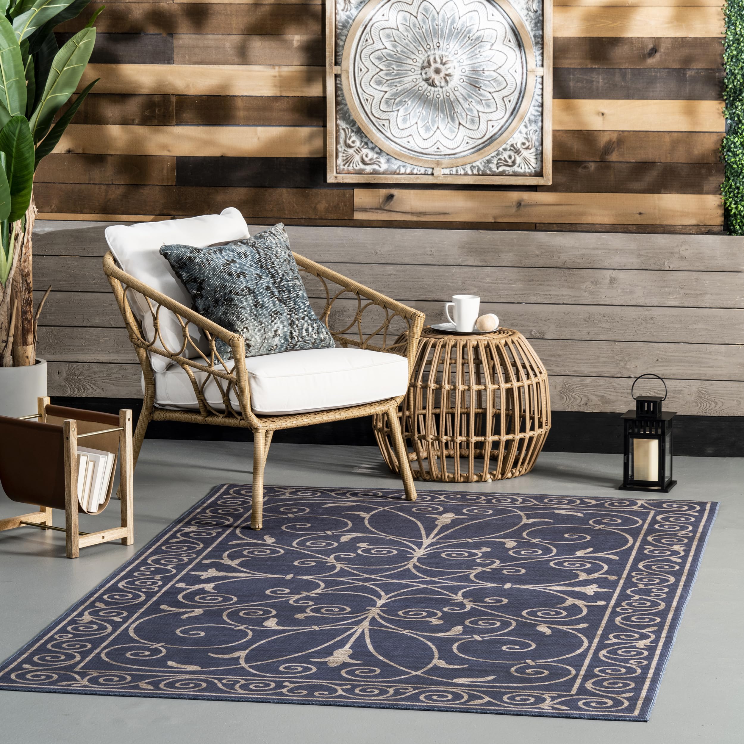 nuLOOM Chara Traditional Vines Machine Washable Indoor/Outdoor Area Rug, 8x10 Feet, Navy Blue - Perfect for Living Room, Bedroom, Patio, and Deck Decor