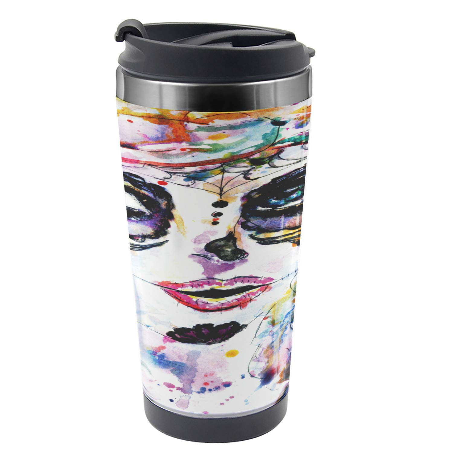 Ambesonne Sugar Skull Travel Mug | 16 oz Stainless Steel Thermal Cup with Creepy Makeup Girl Design | Multicolor | Perfect for Coffee, Tea & Hot Drinks On The Go